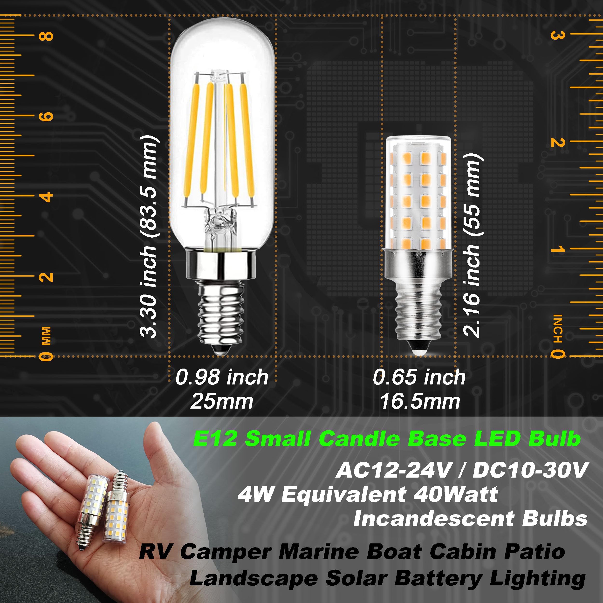 Hylroe E12 12V LED Candelabra Bulb, 4W 450Lm, Warm White 2700K, Aluminum, Non-Dimmable, 4-Pack for RV