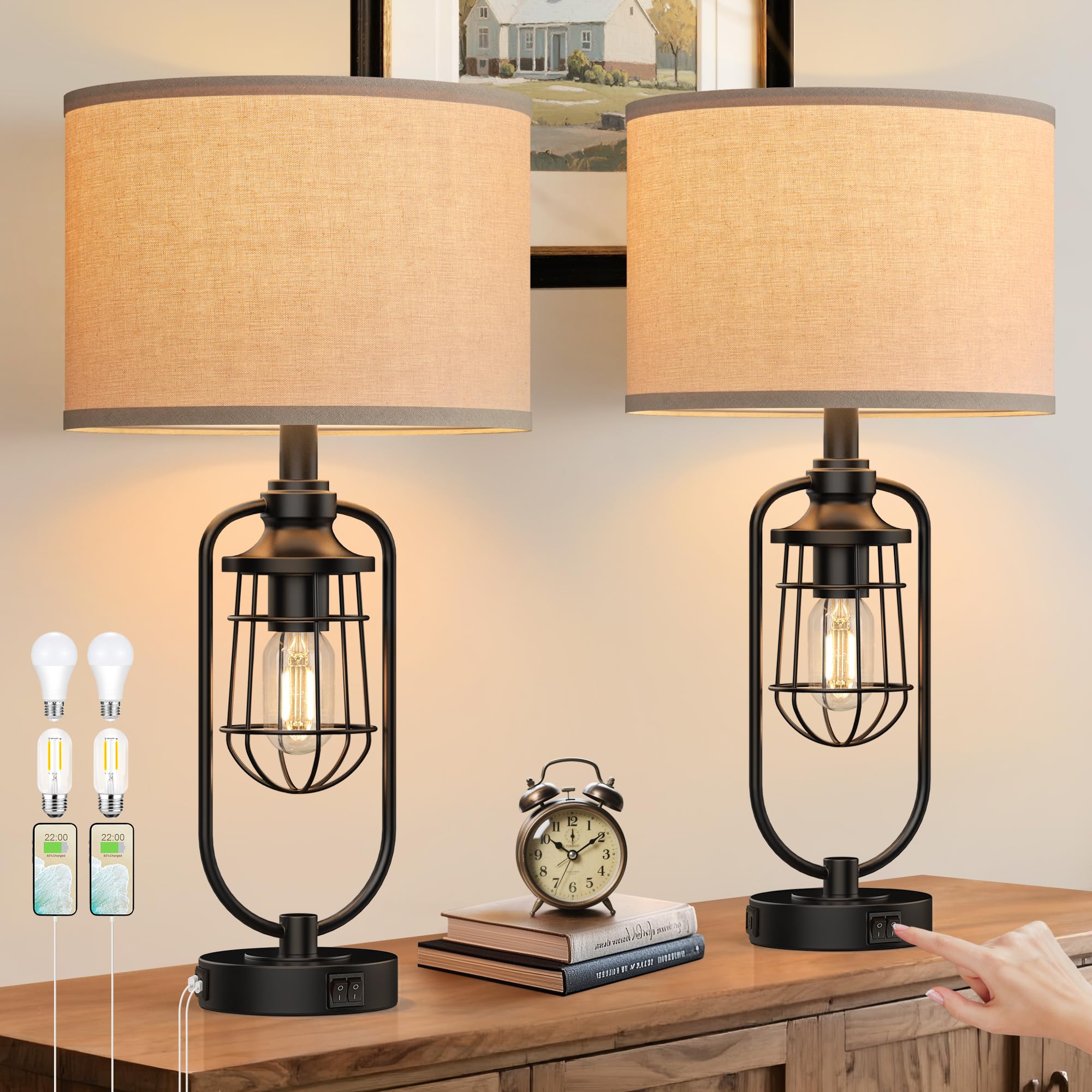 SRJJRS 24 Farmhouse Table Lamps for Living Room Set of 2, Black Rustic Lamps for Night Stands with USB Ports, Industrial Bedside