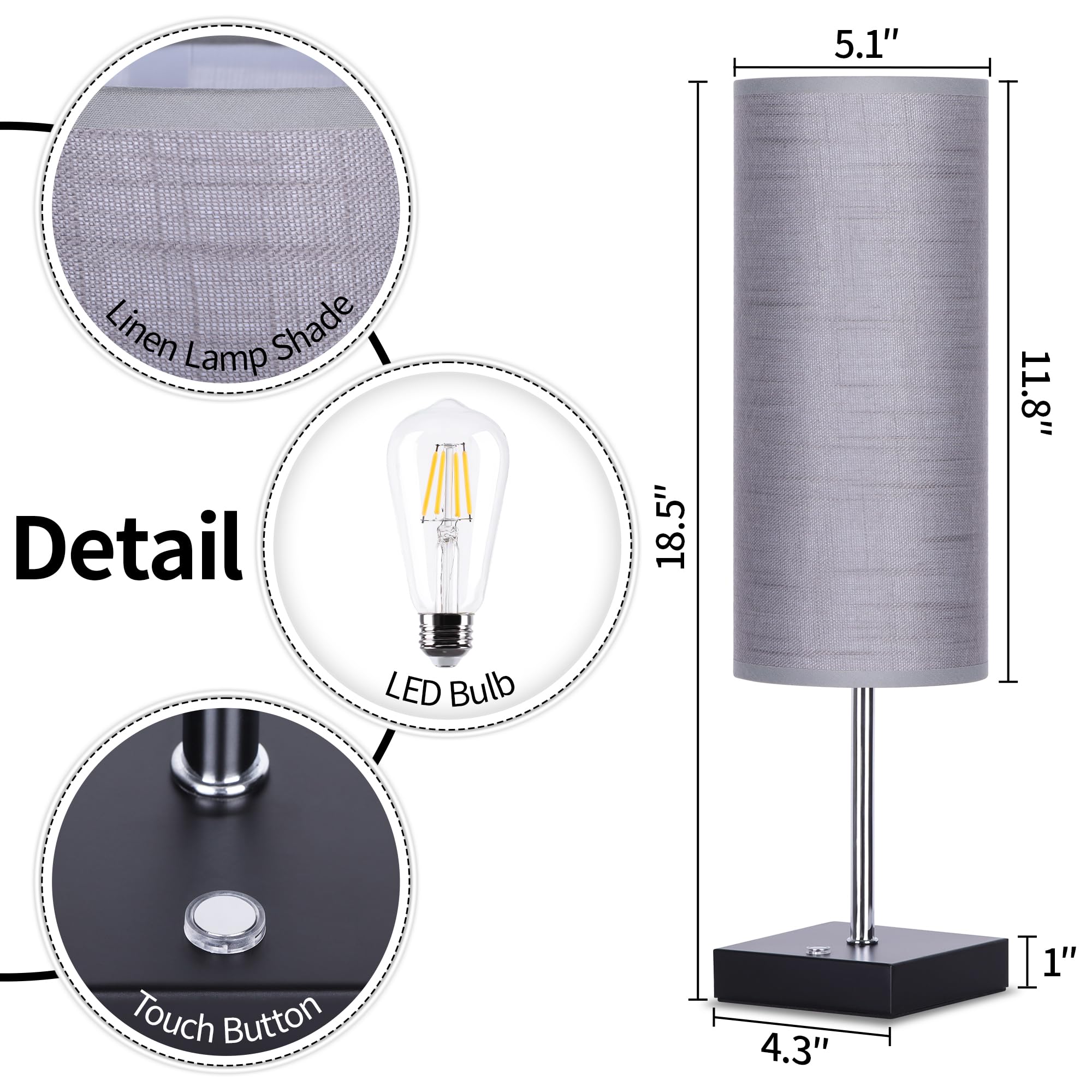 AVV Cordless Table Lamp - 5000mAh Battery Powered, Touch Control, 18 Inch, Gray, Model RD-BTL4W-006