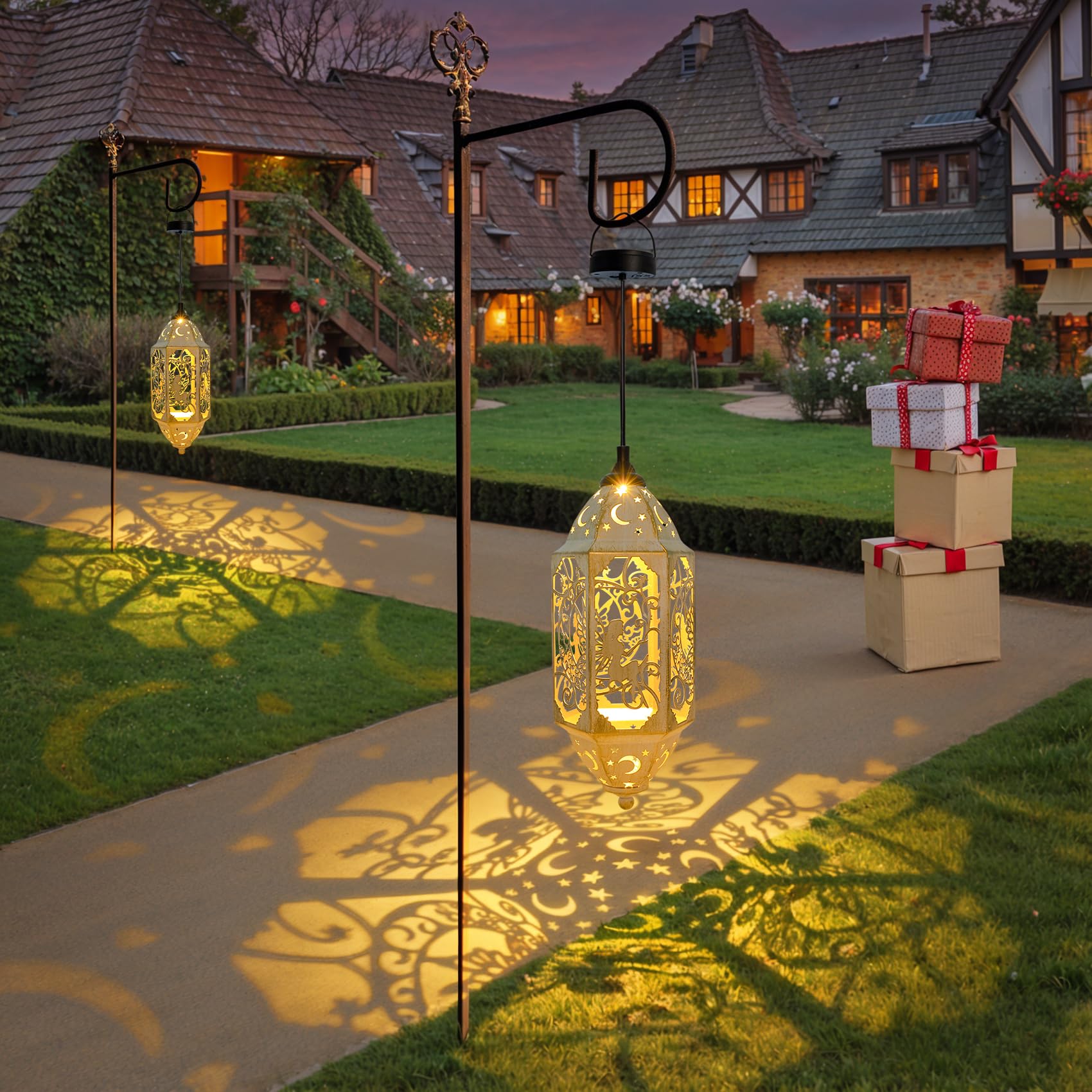 Outdoor Solar Lanterns Waterproof Fairy Moon Garden Gifts For Women Mom12.4‘’ Metal Garden Lanterns Hanging Light For Patio Backyard Decorations, Mothers Day Birthday Gifts (Gold White,2Pack)
