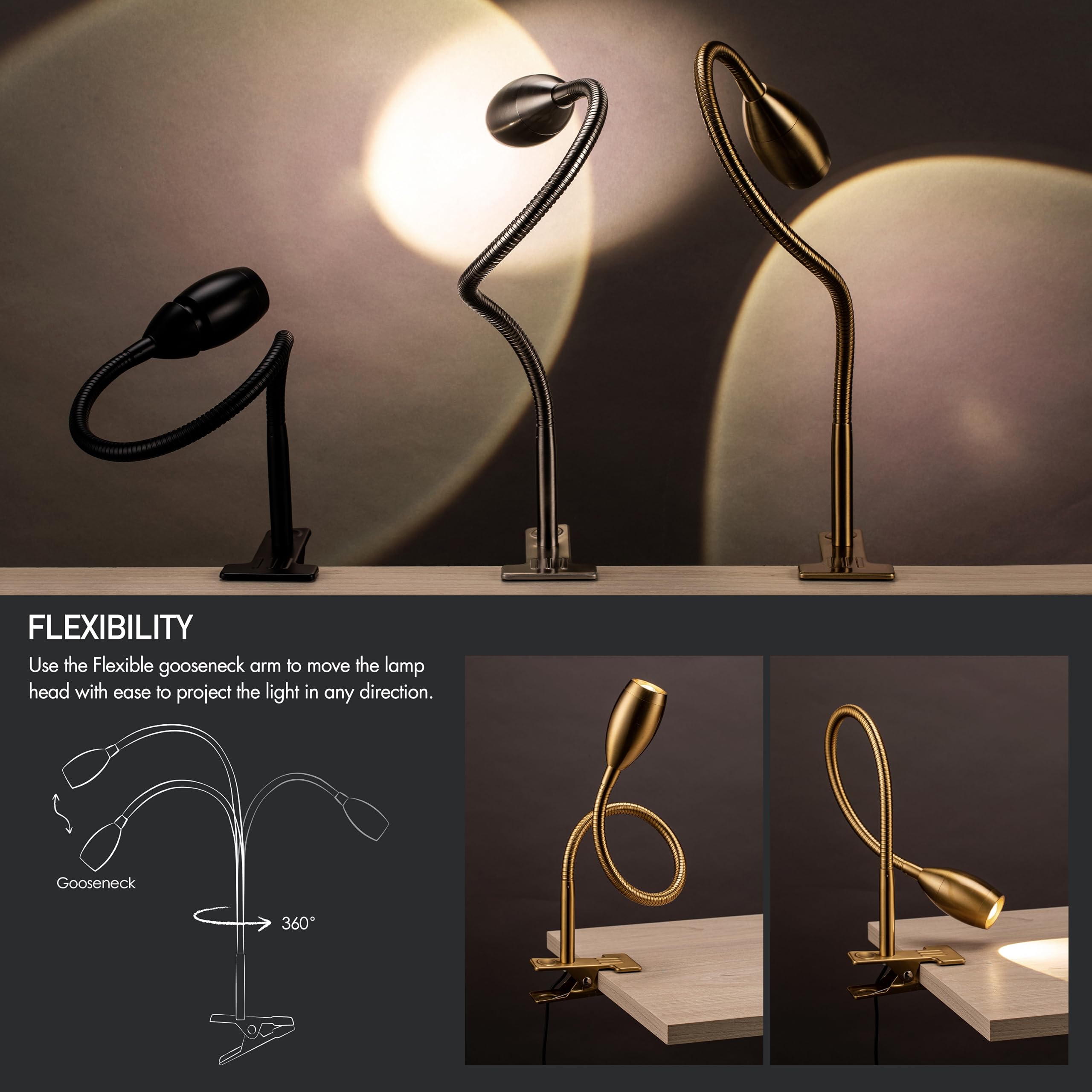 O'Bright Lumos Clip-on Lamp - Zoomable, Dimmable LED, Flexible Gooseneck, Antique Brass, Model OB-CL15M