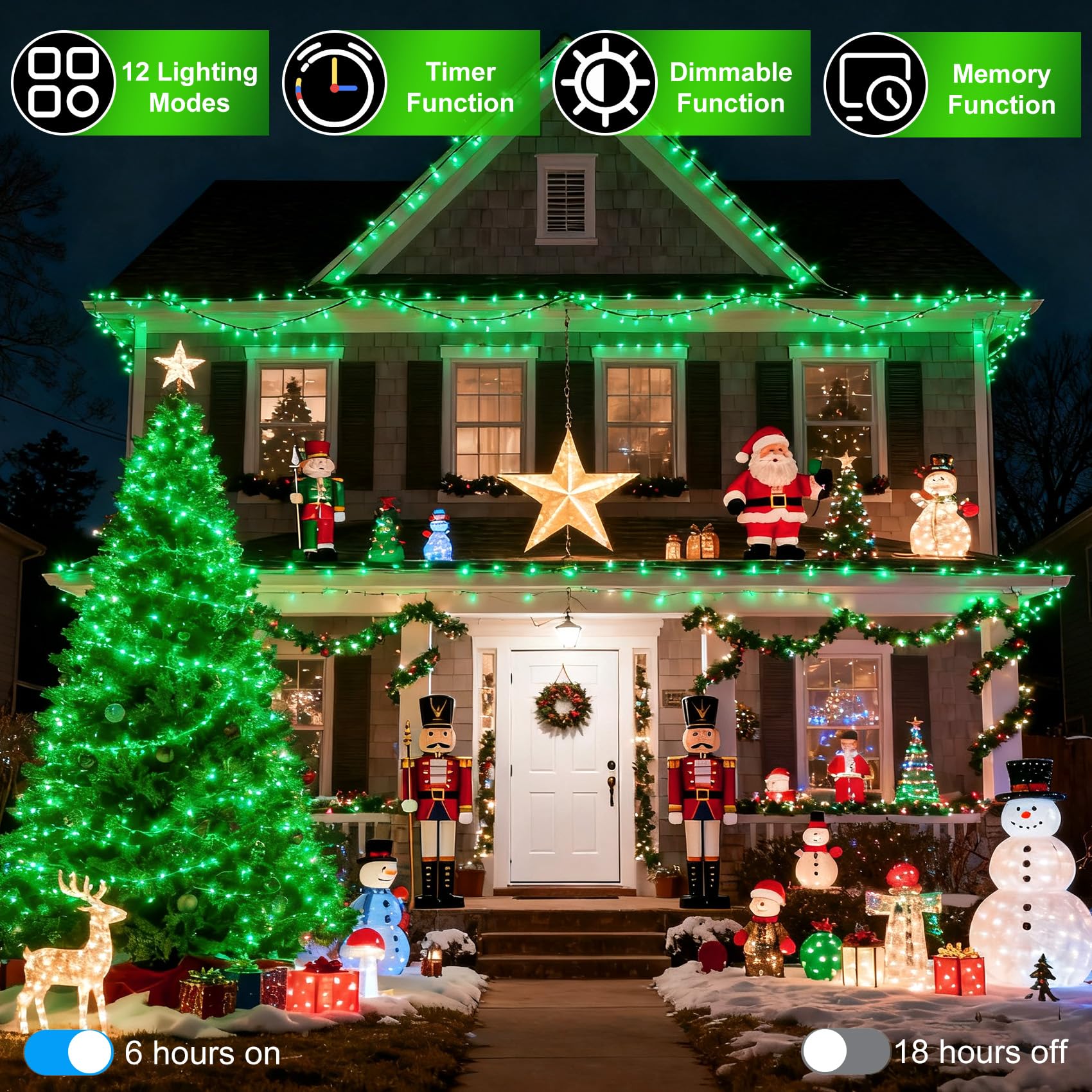 340 Led 90Ft Christmas String Lights Outdoor  12 Pro Modes And Timer Memory & Brightness  Plug In Outdoor Waterproof Clear Wire Twinkle Light For For Xmas Yard Tree Wedding Party Decor (Green)