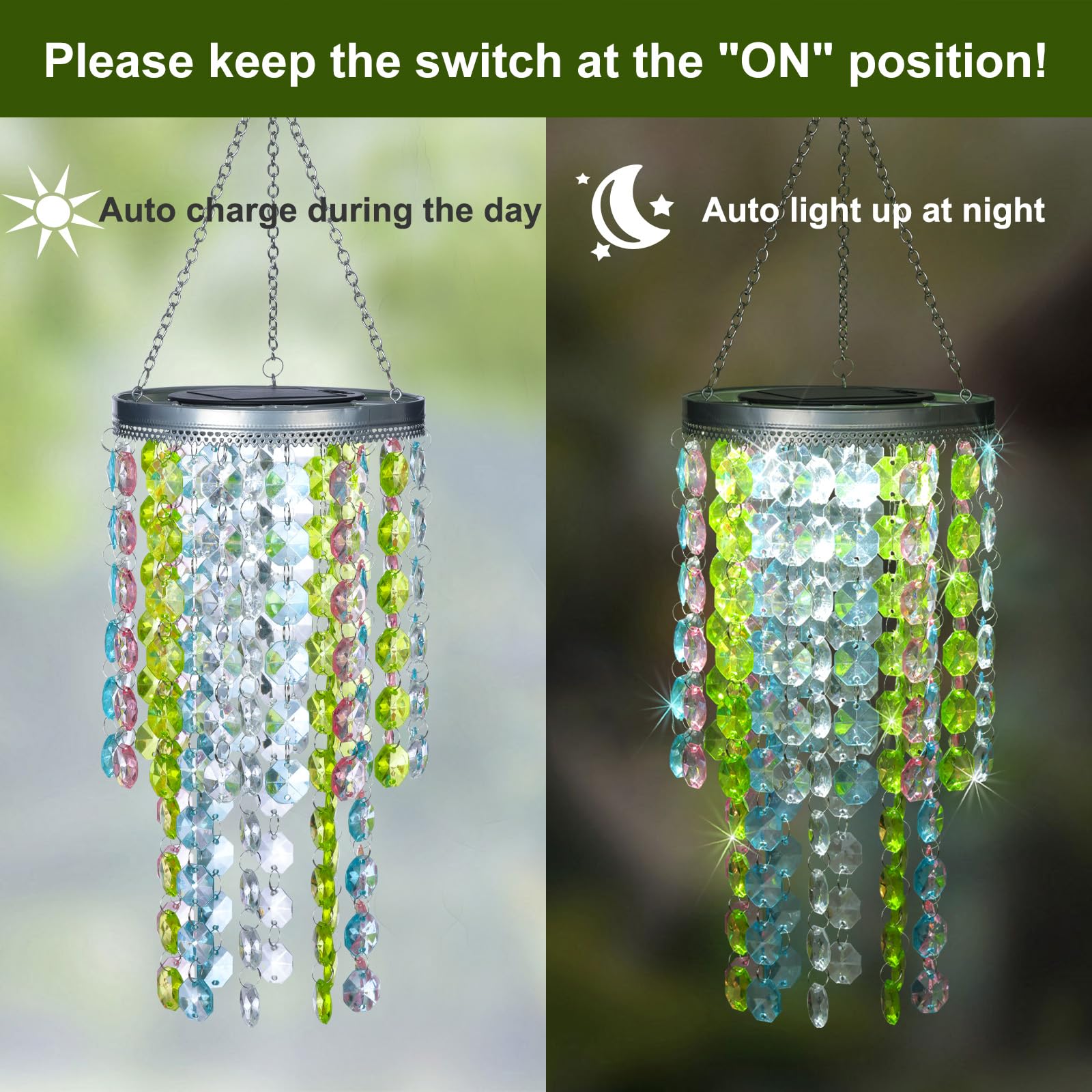 Hanging Solar Lantern Outdoor, 2 Tiers 21    Solar Multicolor Acrylic Beaded Chandelier With Cool White Led S Hooks For Garden Y