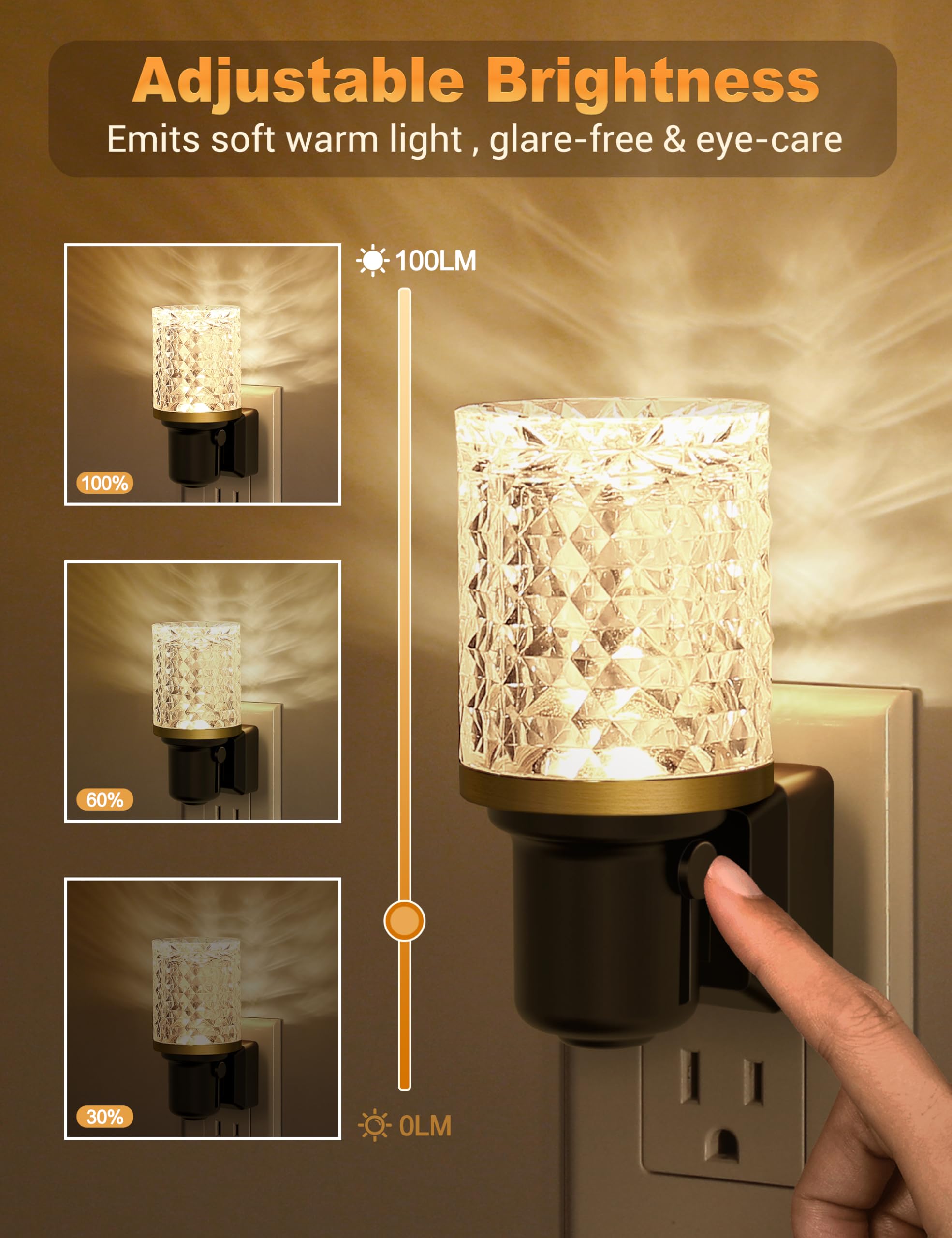 JandCase LED Night Light, Dimmable 3000K Soft White, 2 Pack, Warm Crystal, Auto On/Off Sensor, Model C-GY22004ZSUS-2
