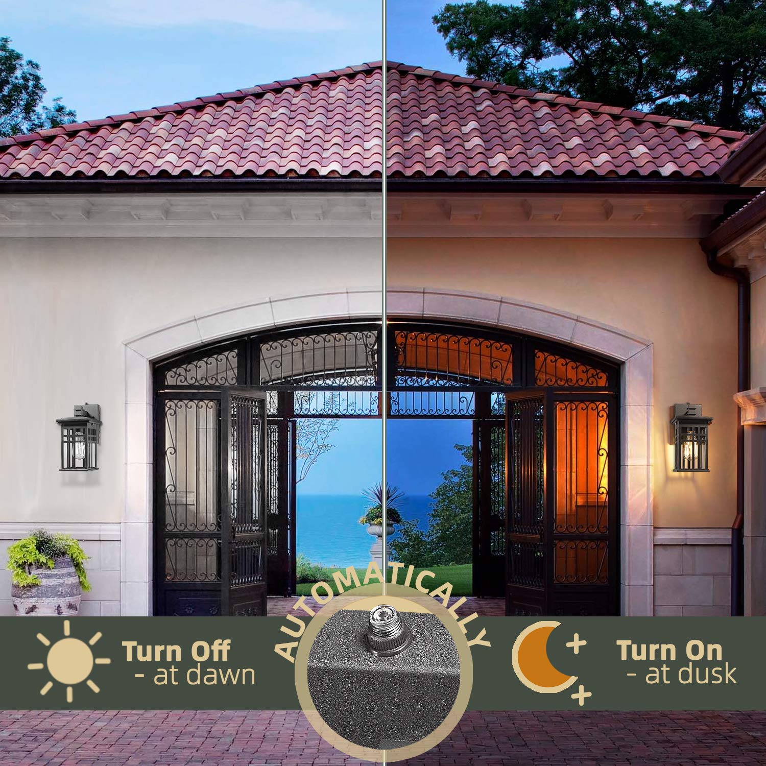 Hwh Dusk To Dawn Sensor Outdoor Wall Sconces, Matte Black, 2-Pack, For Garage & Garden