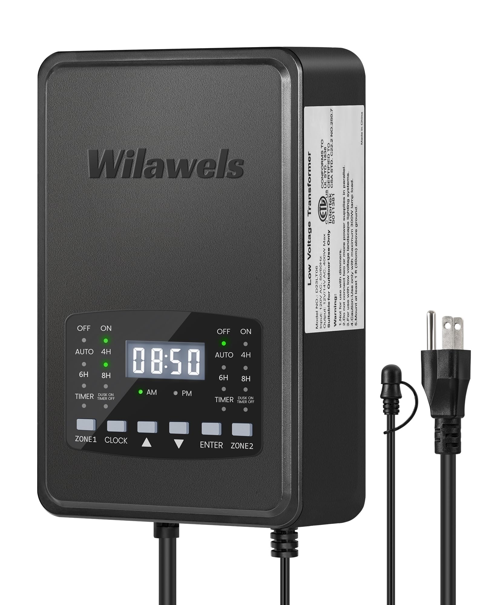 Wilawels 400W Low Voltage Landscape Transformer  2 Zone Independent Control Landscape Lighting Transformer  120Vac To 12/14V Ac Low Voltage Transformer With Timer & Photocell Sensor Etl Listed D23Lt06
