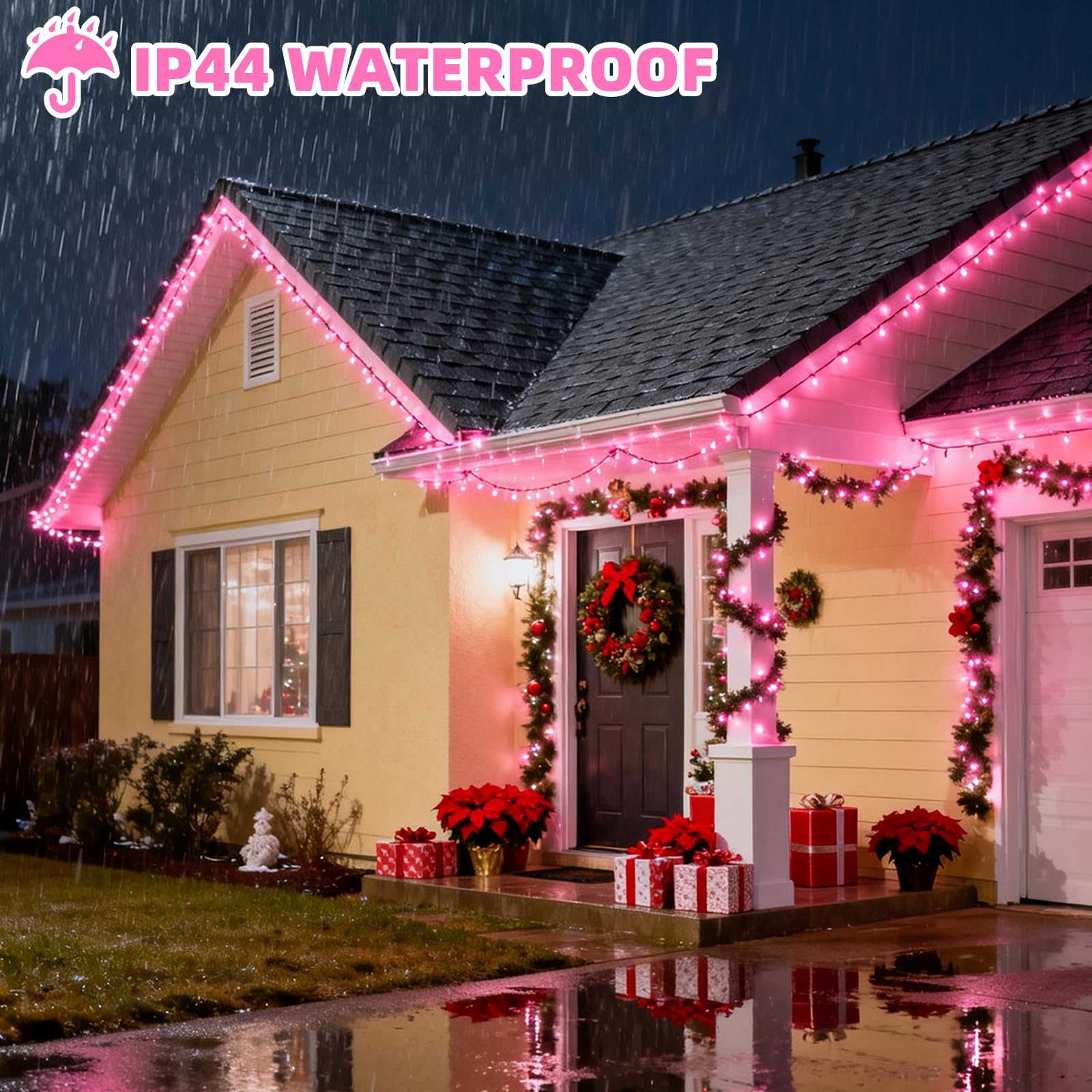 Vtechology 66Ft 200Led Pink Christmas Tree Lights Plug In 8 Modes Connectable Pink String Light Indoor Outdoor For Christmas Tree Bedroom Garden Decor (Clear Wire)