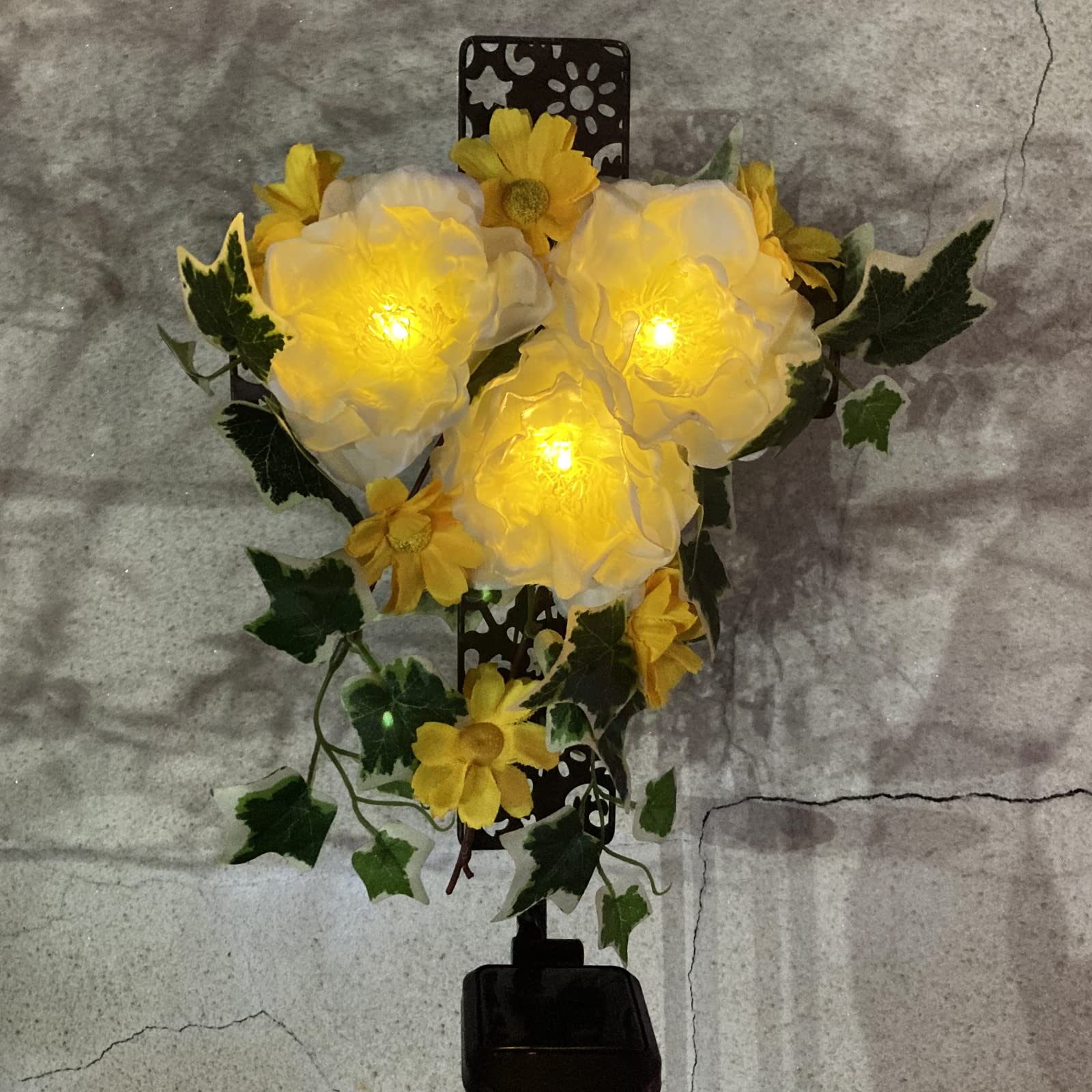 Starryfill Solar Cross Stake Lights With 3 Flowers - Decorative Led For Outdoor Remembrance