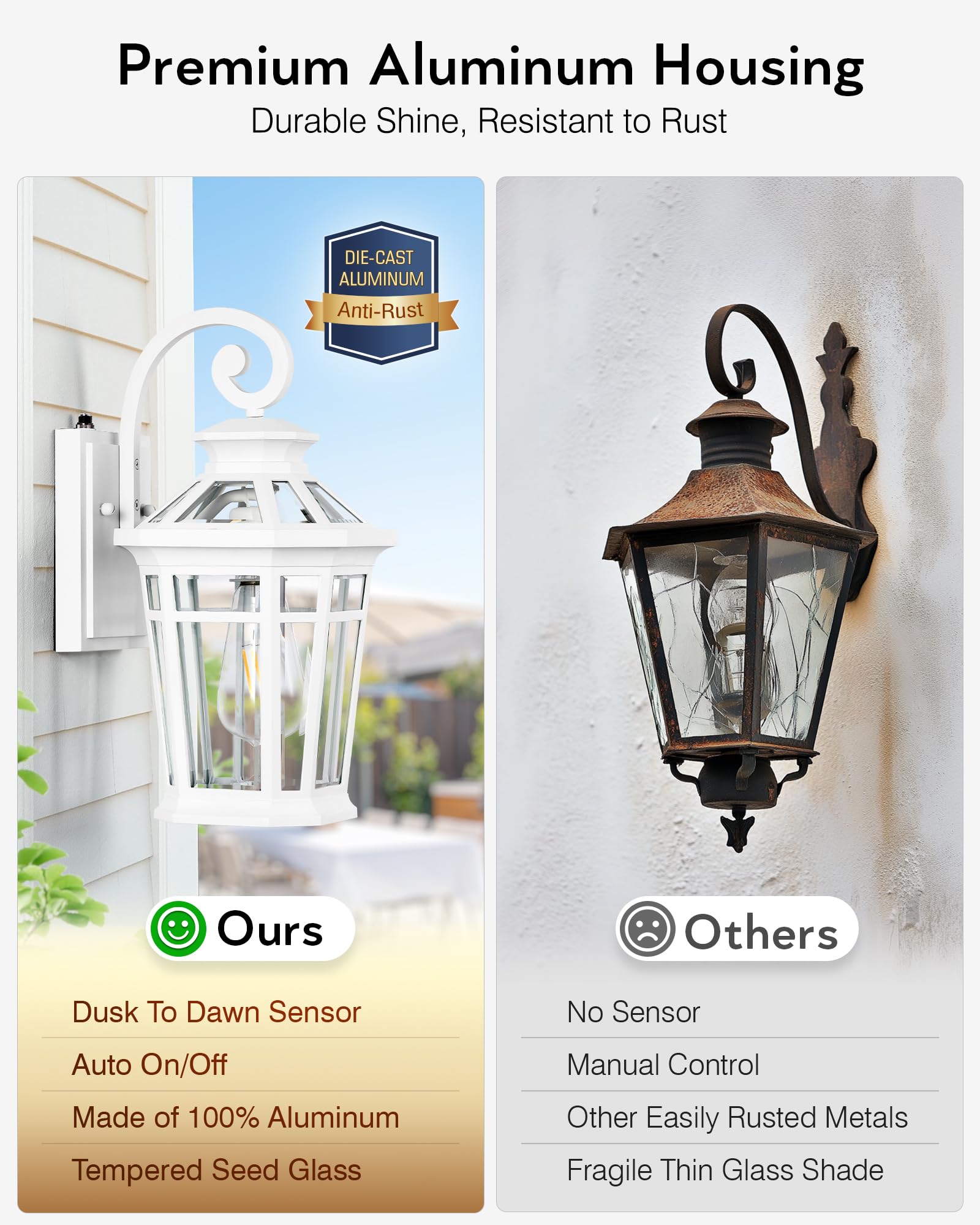 Opaxis Dawn To Dusk Outdoor Light Fixture, White Front Porch Lights Wall Mount, Exterior Sconce Light With E26 Socket, Anti-Rust