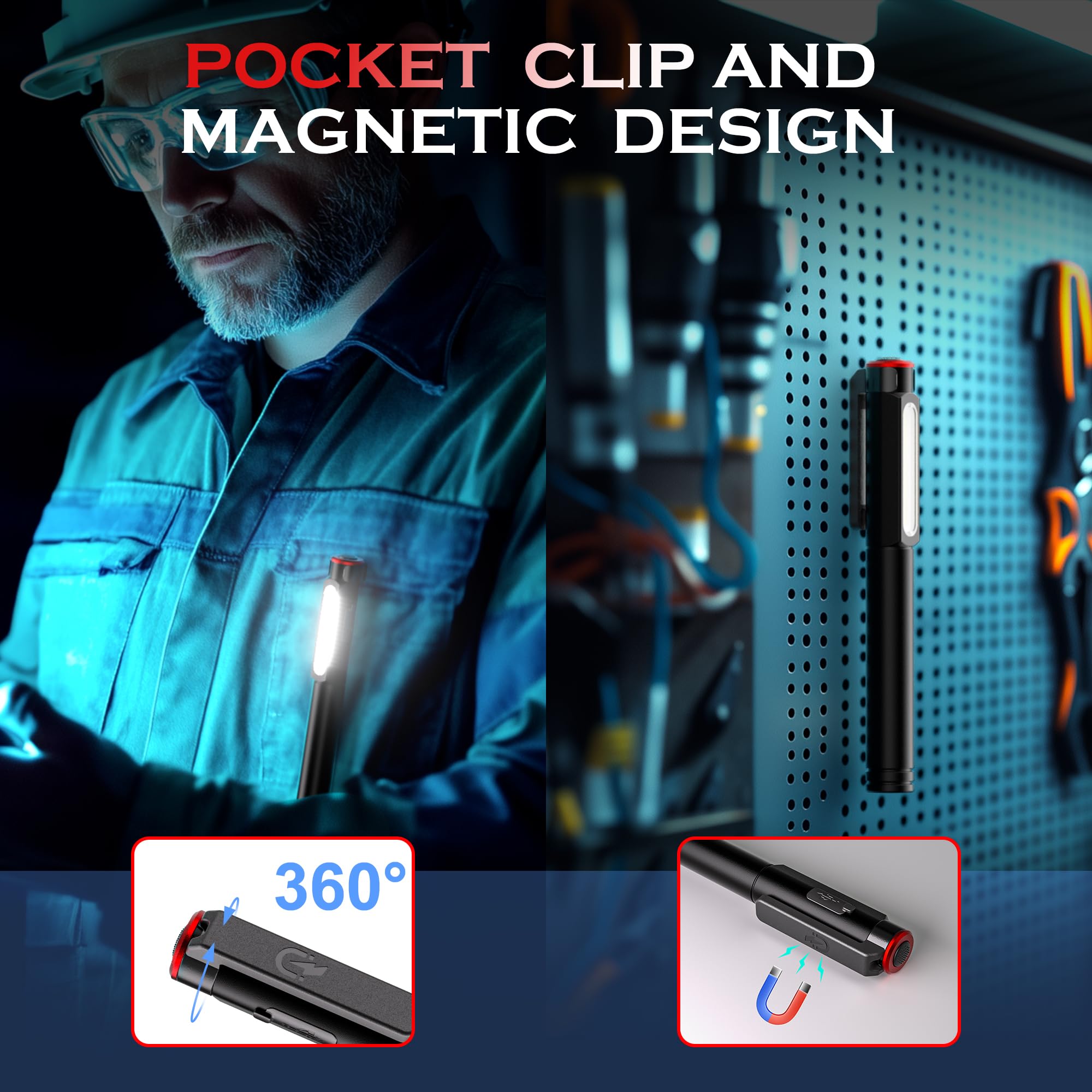 Favourlite 800 Lumens Rechargeable Pen Light Flashlight, 6 Modes, COB, Magnetic, Waterproof, Black, Portable Work Light for Nurses, 5.39in