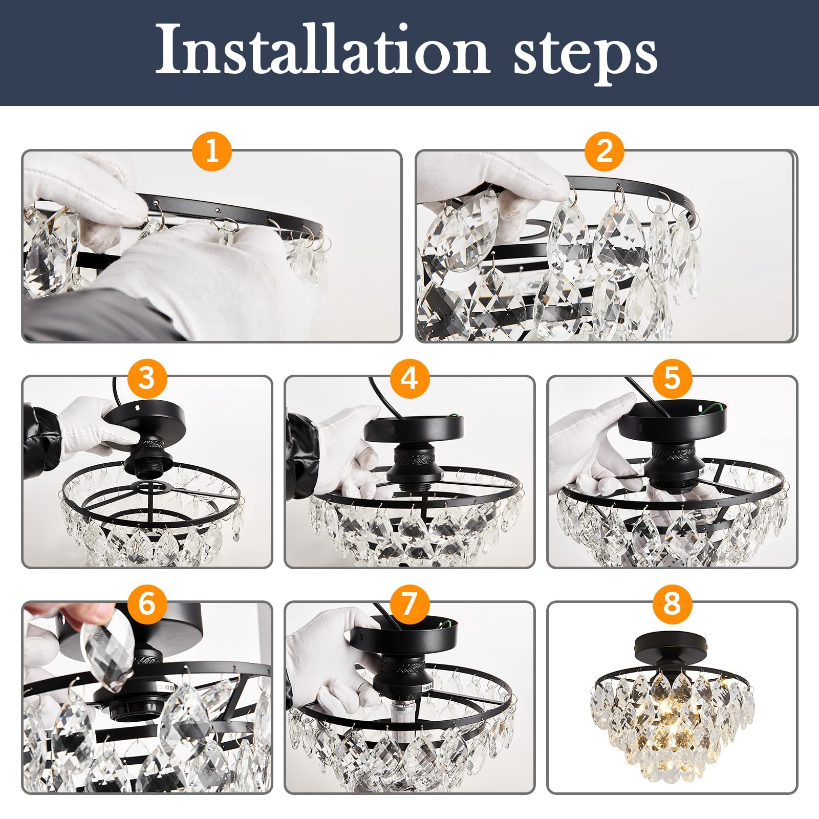 Yyjlx Modern Small Crystal Ceiling Light Fixture Mini Black Semi Flush Mount Chandelier Light Fixture For Hallway Bedroom Bathro