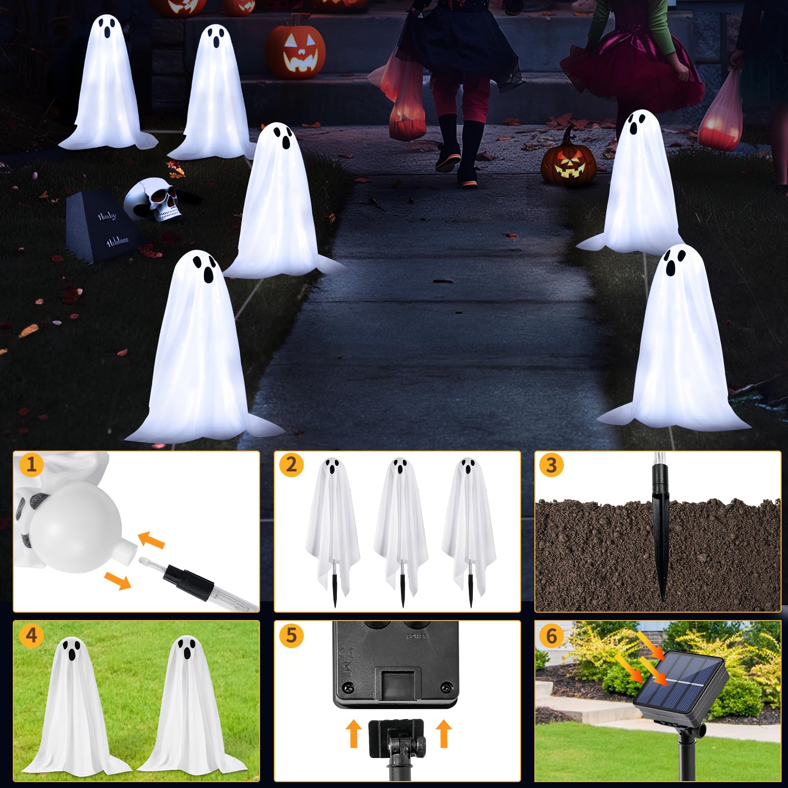Beteray Halloween Decorations 6 Pack Ghost String Stake Lights - 18.9'' Waterproof, 8 Modes