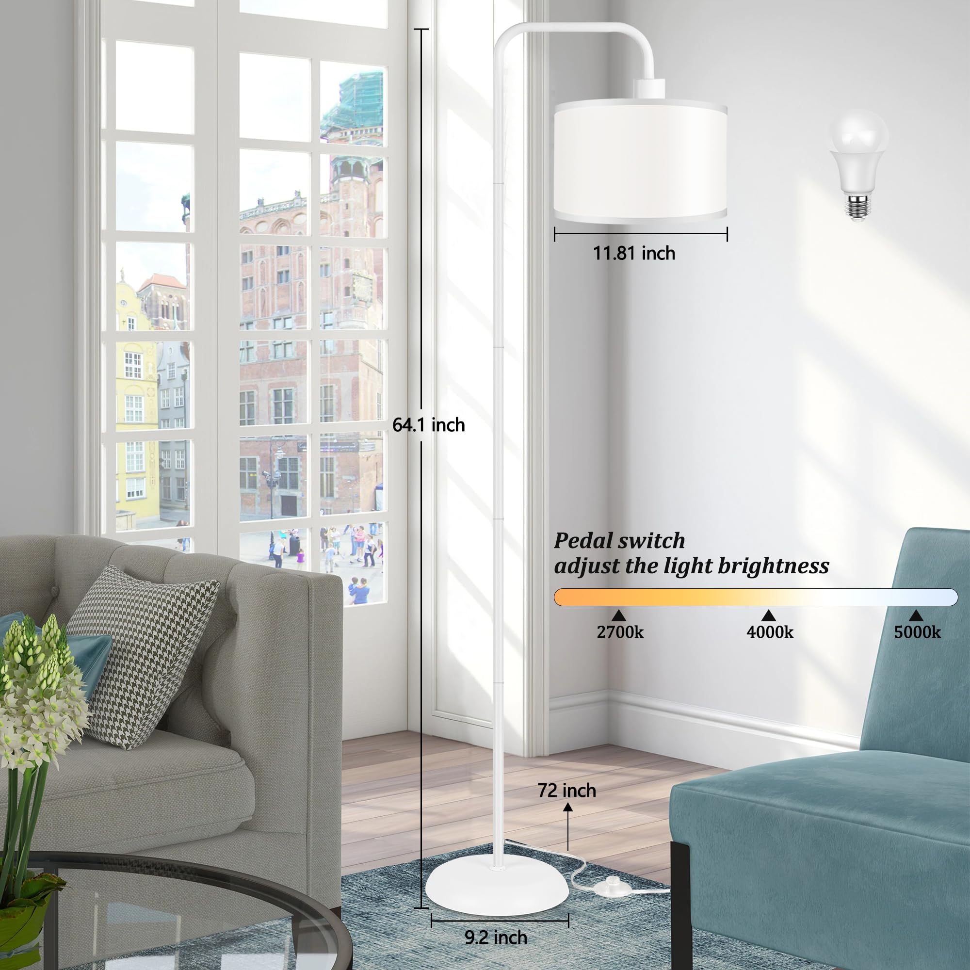 PARTPHONER LED Floor Lamp, 3 Color Temperatures, Foot Switch, Metal and Fabric, Modern Design, Model STR-FL-0162, White