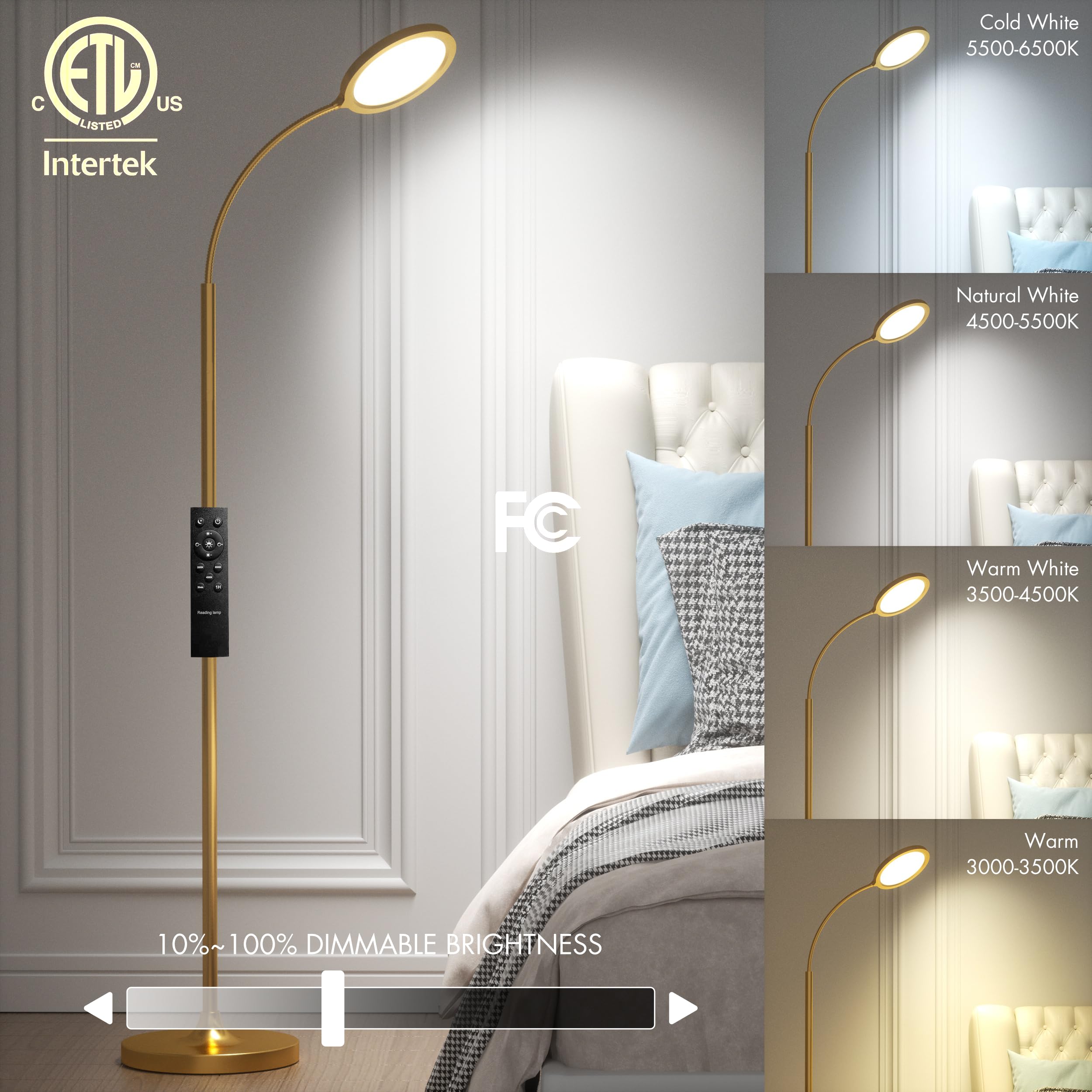 Luckystyle Gold Dimmable LED Floor Lamp with Remote, Adjustable Gooseneck, Model LY-UK-05