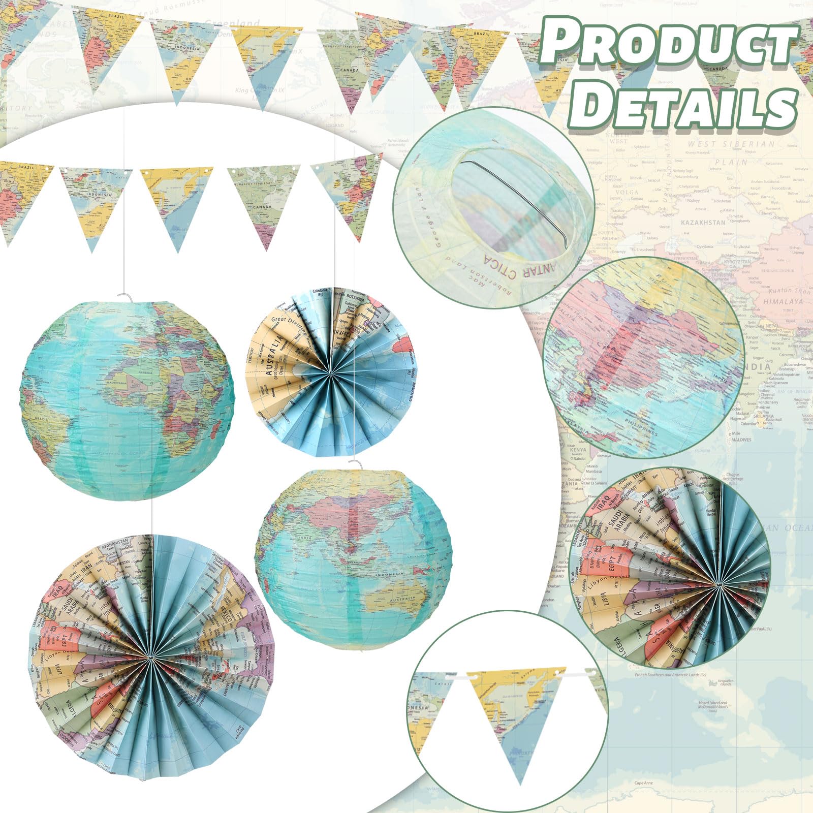 Tujoe 19 Pcs Map Classroom Decorations Travel Themed Party Decorations Globes Hanging Paper Lantern Fans Triangle Flags Banner For Home Earth Chinoiserie Theme Party(Green)