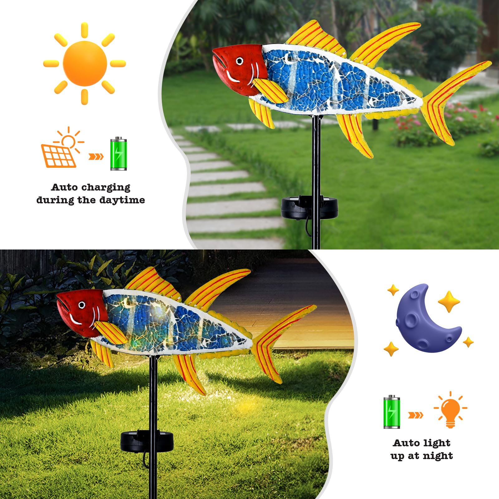 Yiosax-Solar Outdoor Lights Decorative-Yard Outdoor Decorative - Garden Stakes Fish Decorative Waterproof 7 Led Light Decor Ocean Beach Theme For Lawn Path Yard Decoration Gift Idea