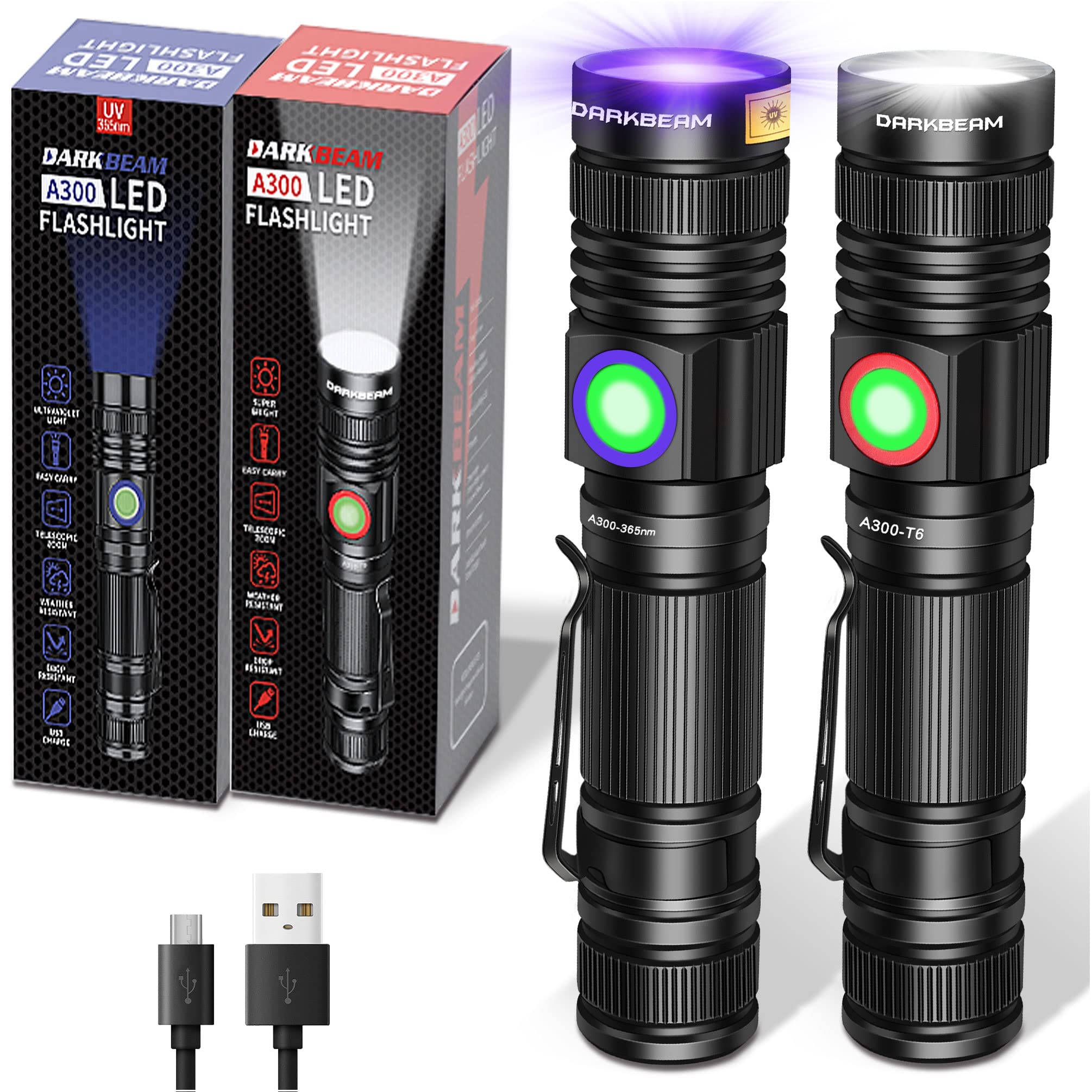 DARKBEAM UV 365nm Flashlight USB Rechargeable Wood's Lamp Black Light Ultraviolet, LED Super Bright Flashlights Mini, Water Resi