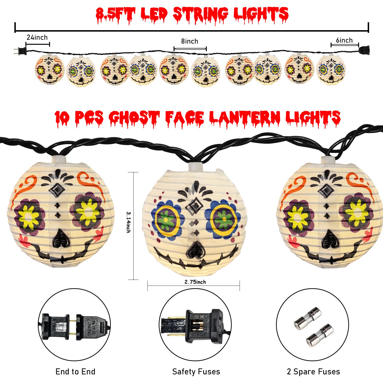 Abeja Halloween Lantern String Lights, 8.5FT, Grimace Nylon, 10 Mini LED Bulbs, Connectable Decor