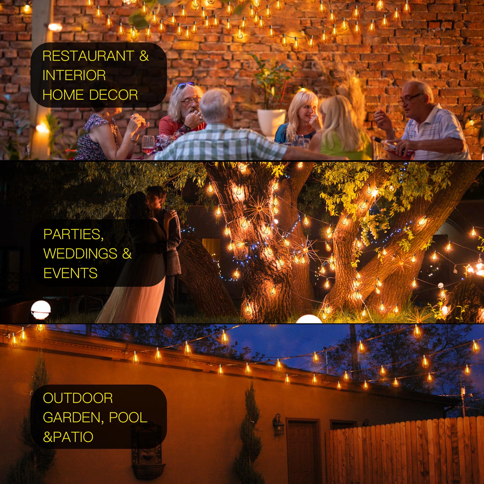 Ohlux 120Ft Outdoor String Lights, 62 St38 Edison Led Bulbs, E12 Base, 2200K Cafe Warm Color, Max.Connectable 14 Strands, Anti-F