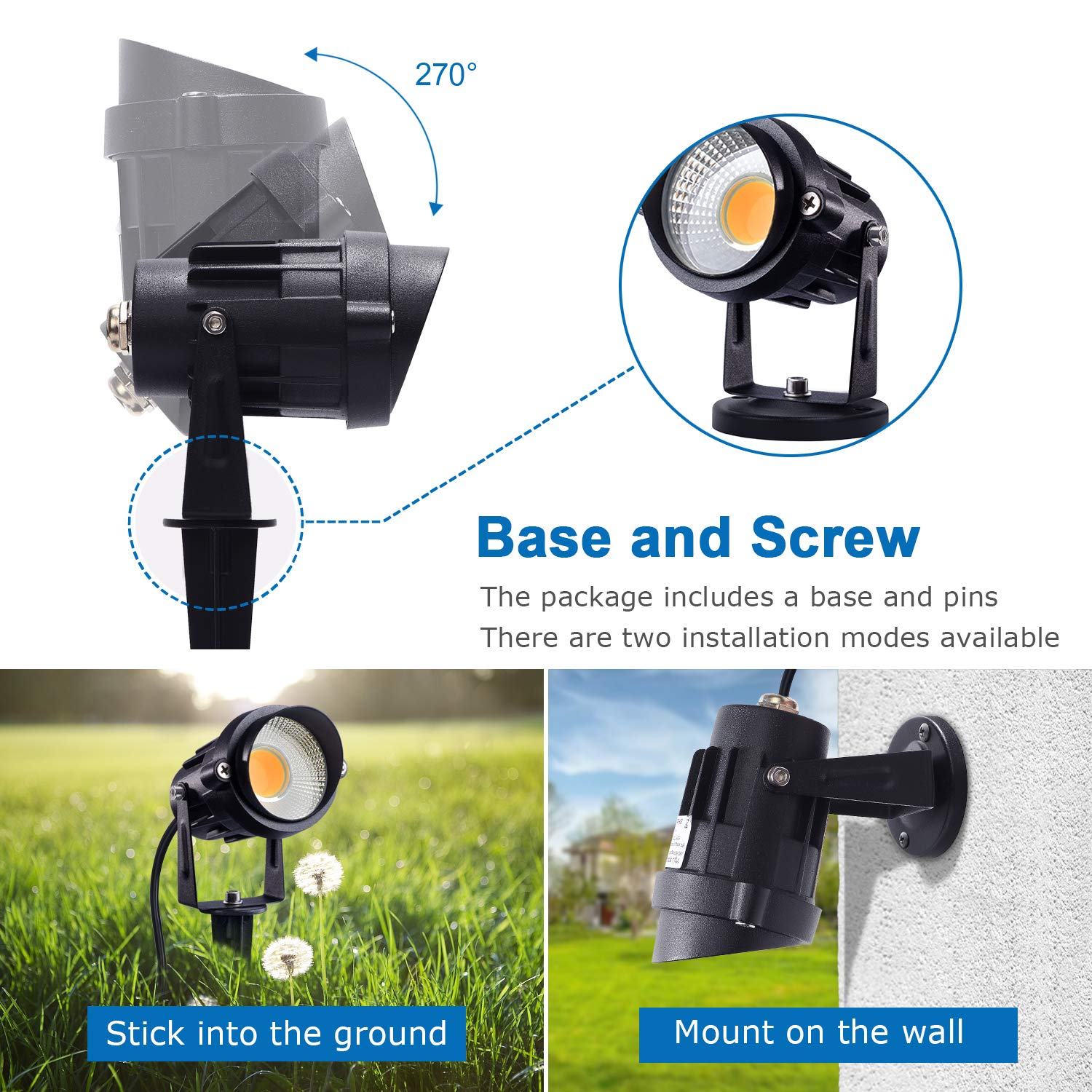SUNVIE LED Outdoor Spotlight 12W Landscape Lights, Waterproof, Black, with Spiked Stake, 6 Pack