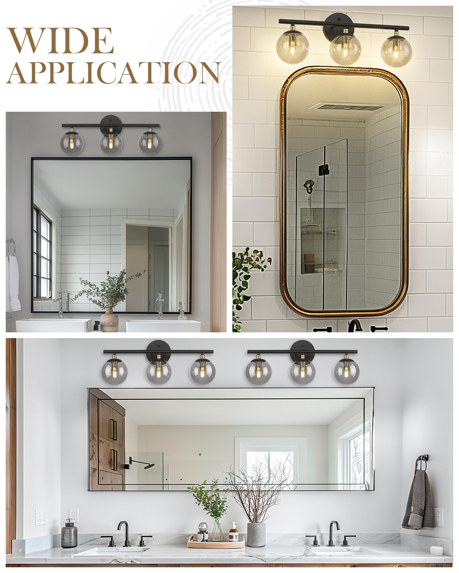 Lms Black Vanity Light, 3-Light Bathroom Light Fixtures 20.5 Inch, Black And Brass Gold Finish With Globe Glass Shade, Lms-117