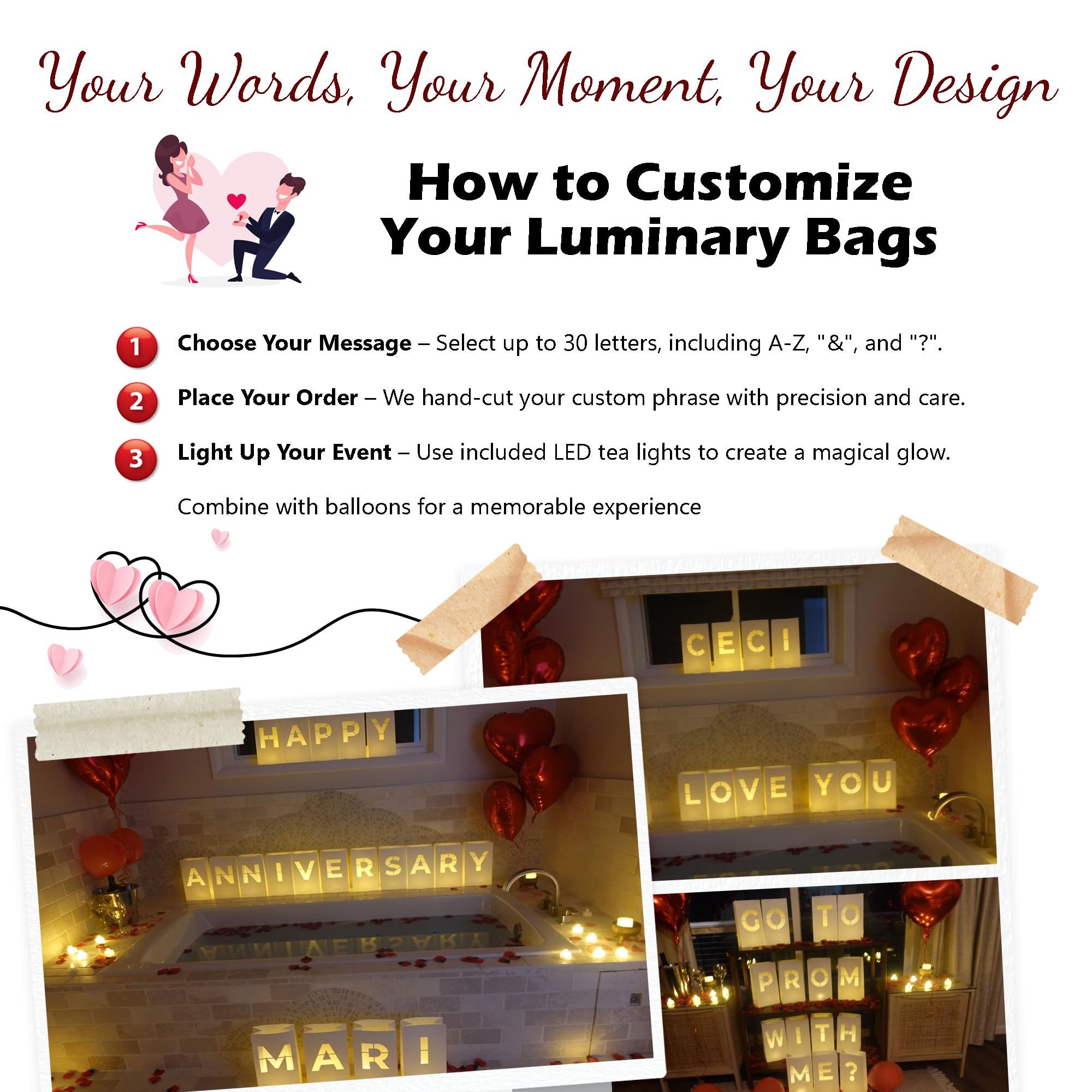 Luminary Bags With Led Tea Light Candles, Balloons, And Rose Petals - Romantic Decorations For Proposals, Anniversaries, And Spe