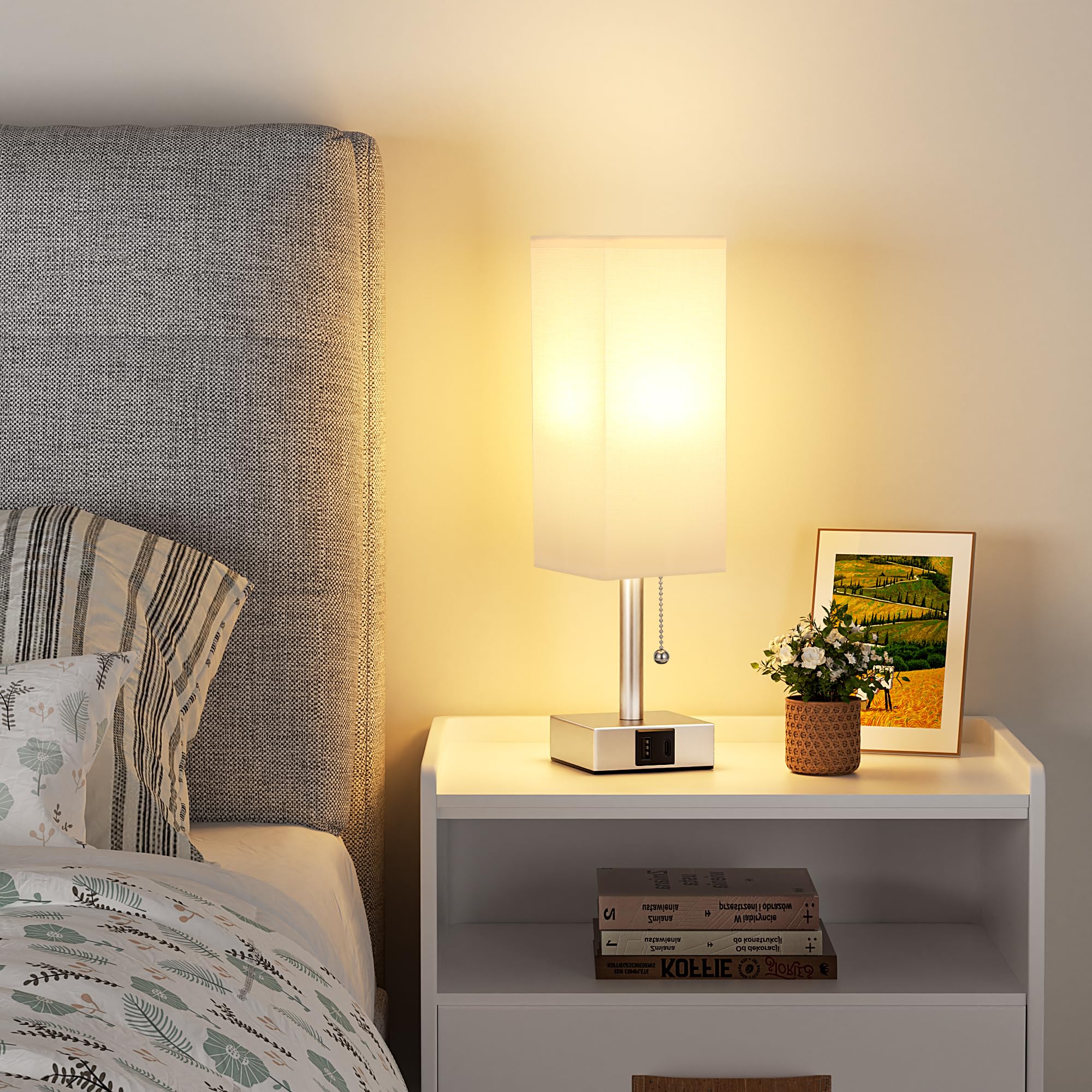 aooshine White Small Table Lamp for Bedroom - 3 Color Temperature 3000K 5000K 4000K Bedside Lamp, Pull Chain Control, USB A and