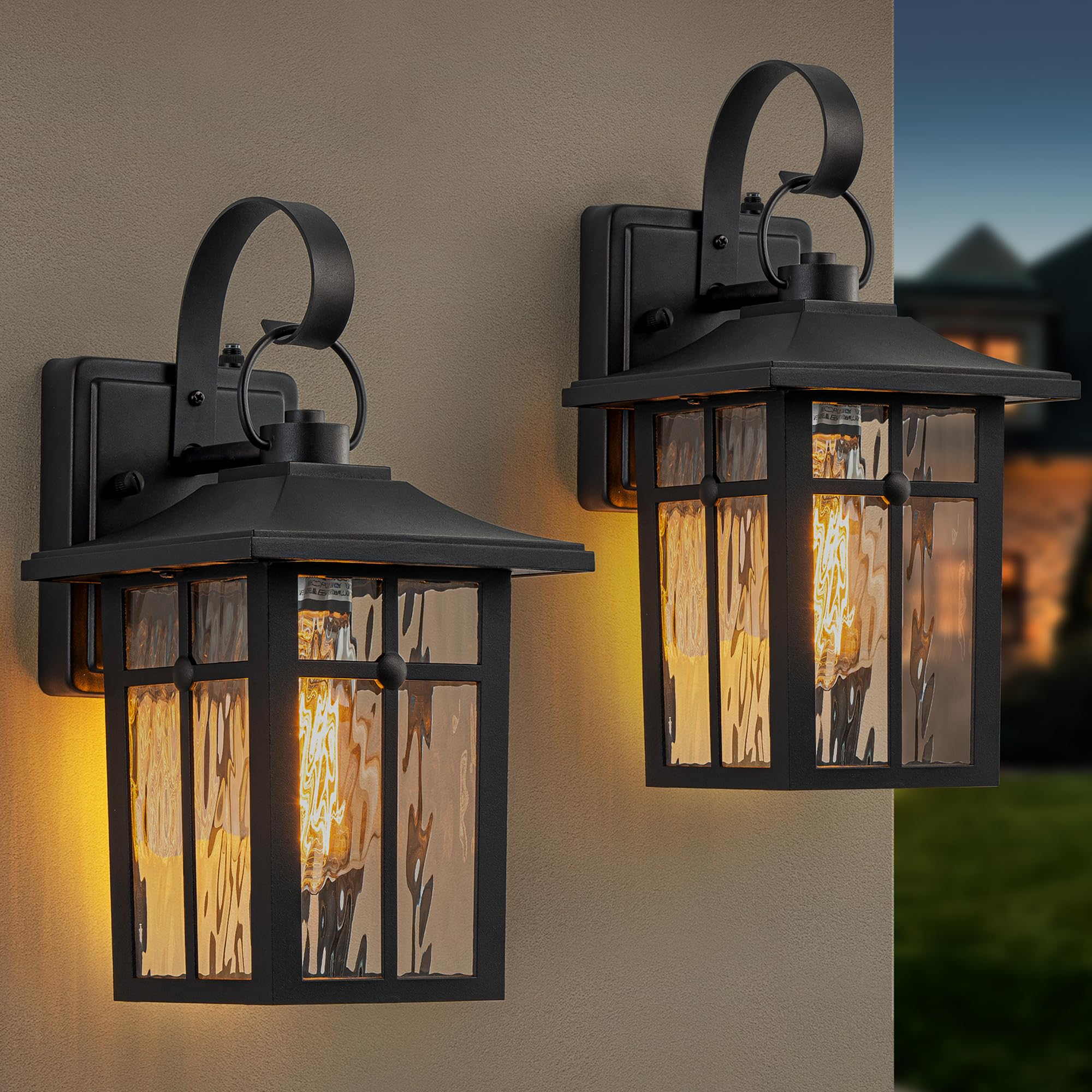 Lawyettle 2 Pack Dusk To Dawn Outdoor Wall Lights, Exterior Light Fixtures Wall Mount With Ripple Glass, Waterproof Black Porch Lights, Outside Wall Lantern For Entryway, Garage, Patio