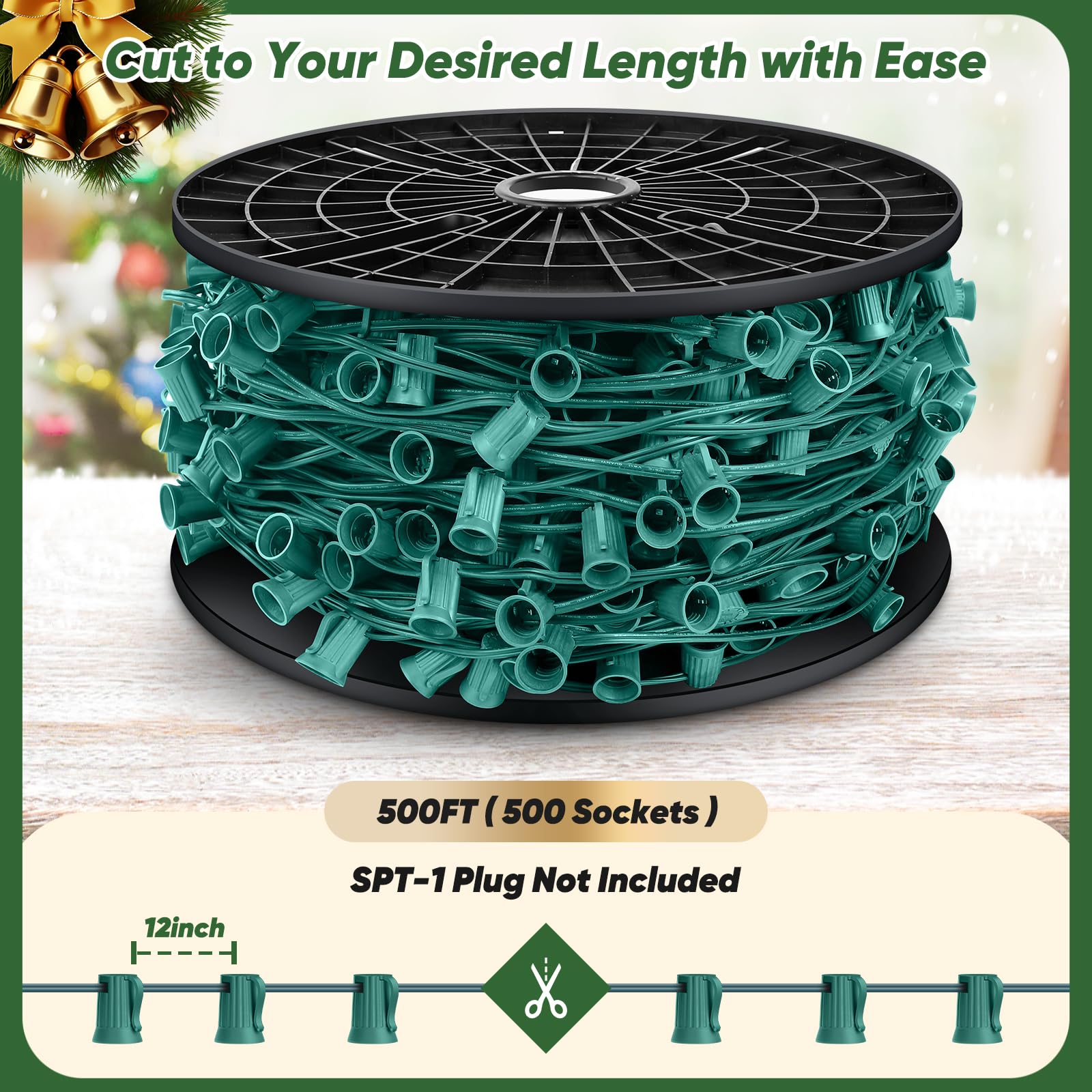 BesLowe C9 Christmas Lights Outdoor, 500FT Green Wire, E17 Sockets, Multicolor, Model GYI-O500RBU