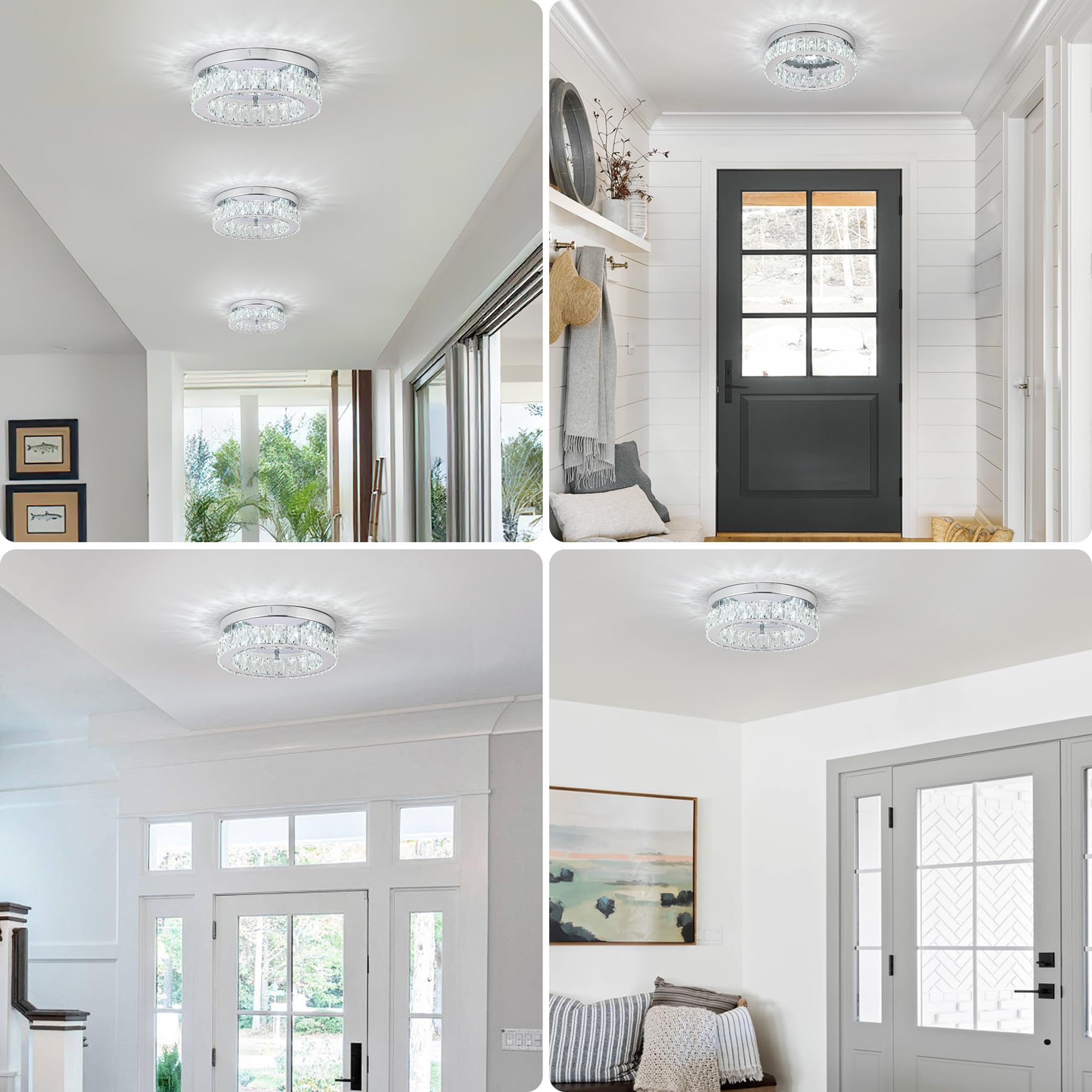 HOPGGIE 12 Inch Dimmable Crystal LED Flush Mount Chandelier Light for Kitchen, Hallway, Bedroom - Model HJ-016, Modern Design