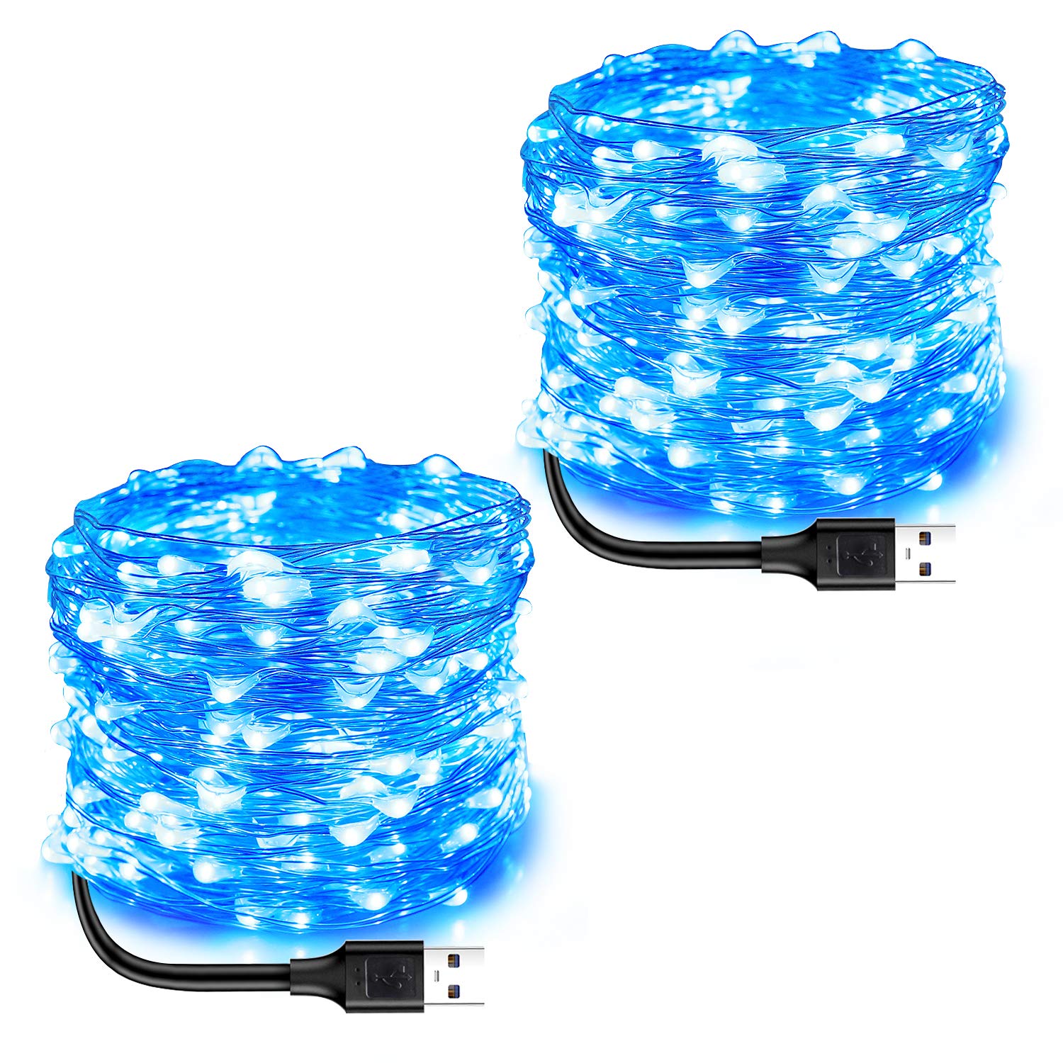 Blingstar Fairy Lights Blue Christmas Lights 2Pack 33Ft 100LED String Lights USB Powered Fairy String Lights Silver Wire Firefly