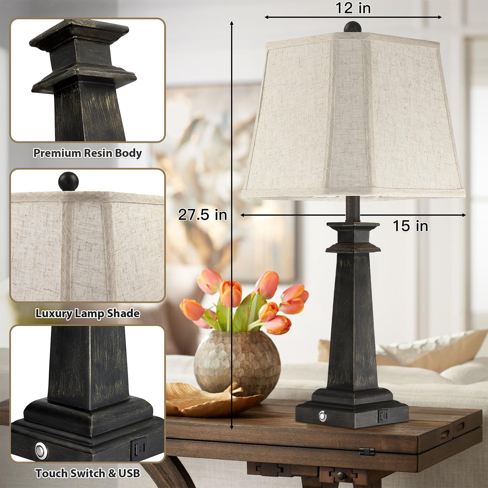 Hapcrea 27.5 Table Lamps Set Of 2, 3-Way Dimmable Touch Lamps For Nightstand, Farmhouse Table Lamp For Living Room And Bedroom W