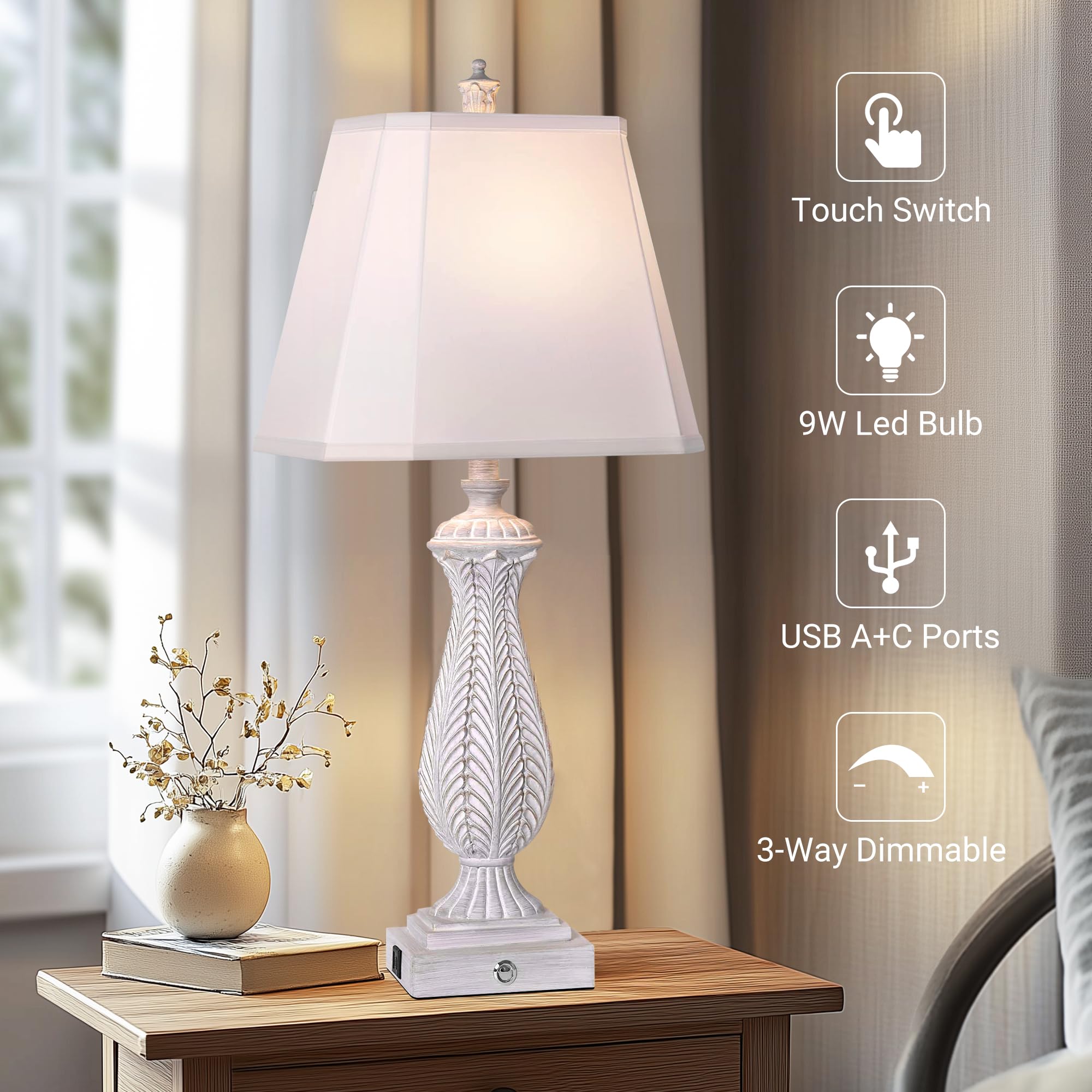 Wihtu Farmhouse Table Lamp Set Of 2, 3-Way Dimmable Touch Control Lamp For Nightstand, Beside Lamps With Ac&Usb Outlet, Oil Rubb