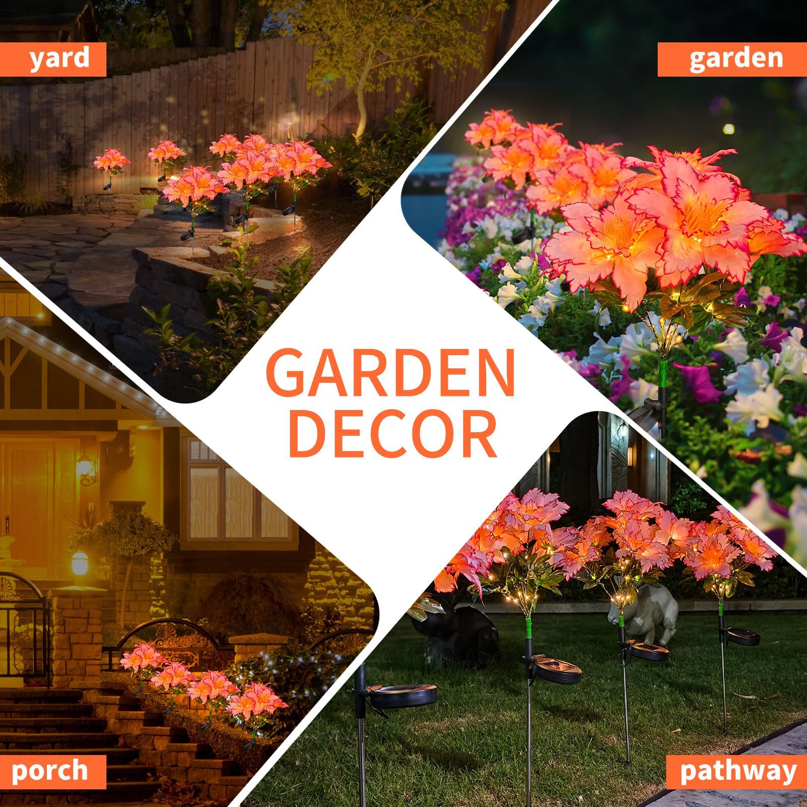 Neporal Solar Flowers Outdoor Waterproof Rhododendron, Garden Solar Lights Decorative 4PK 7-Stem, 2 Decor Lighting Modes, Solar