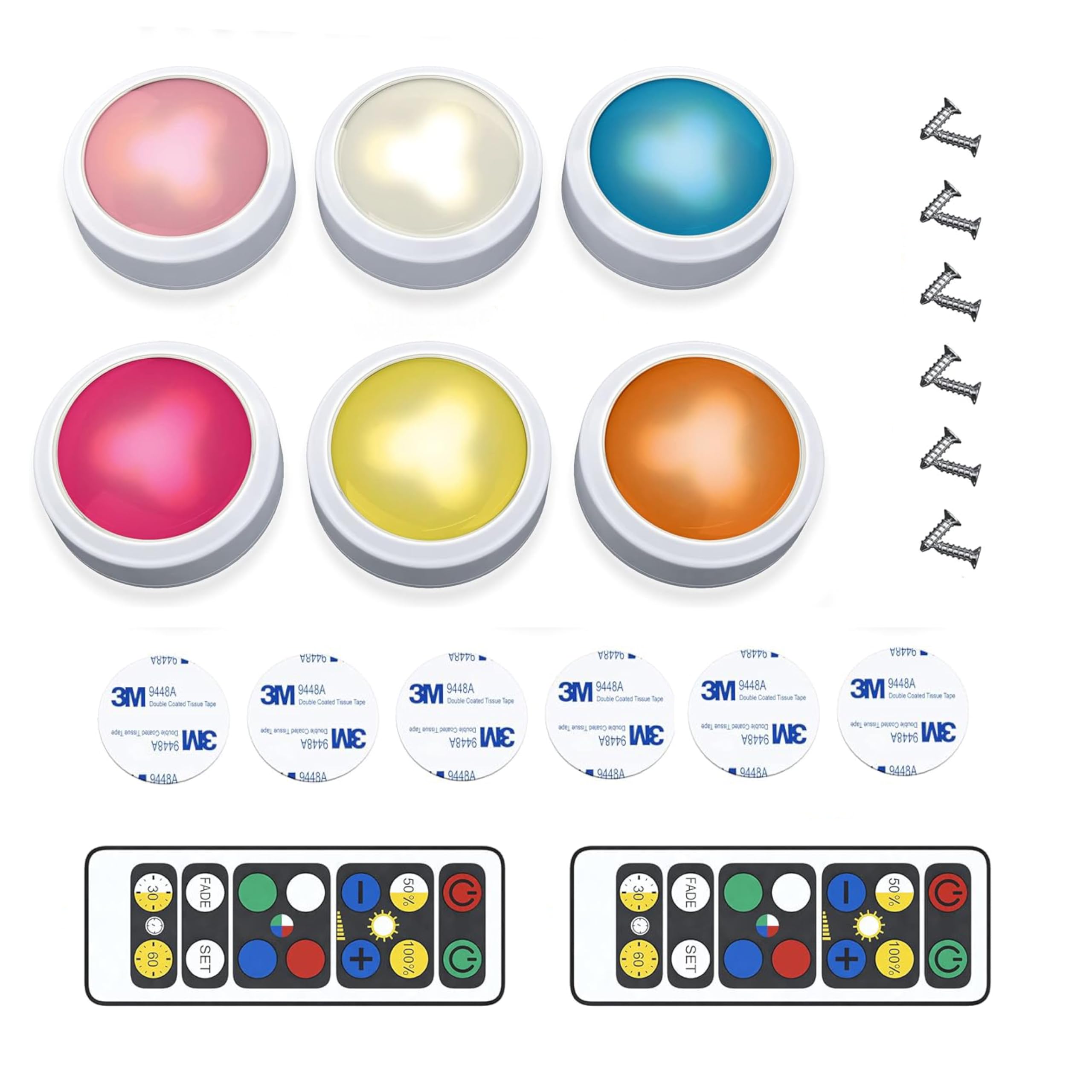 Brilliant Evolution 6-Pack Wireless RGB LED Lights - Battery Operated Puck Lights with 2 Remotes - Color-Changing LED Under Cabi