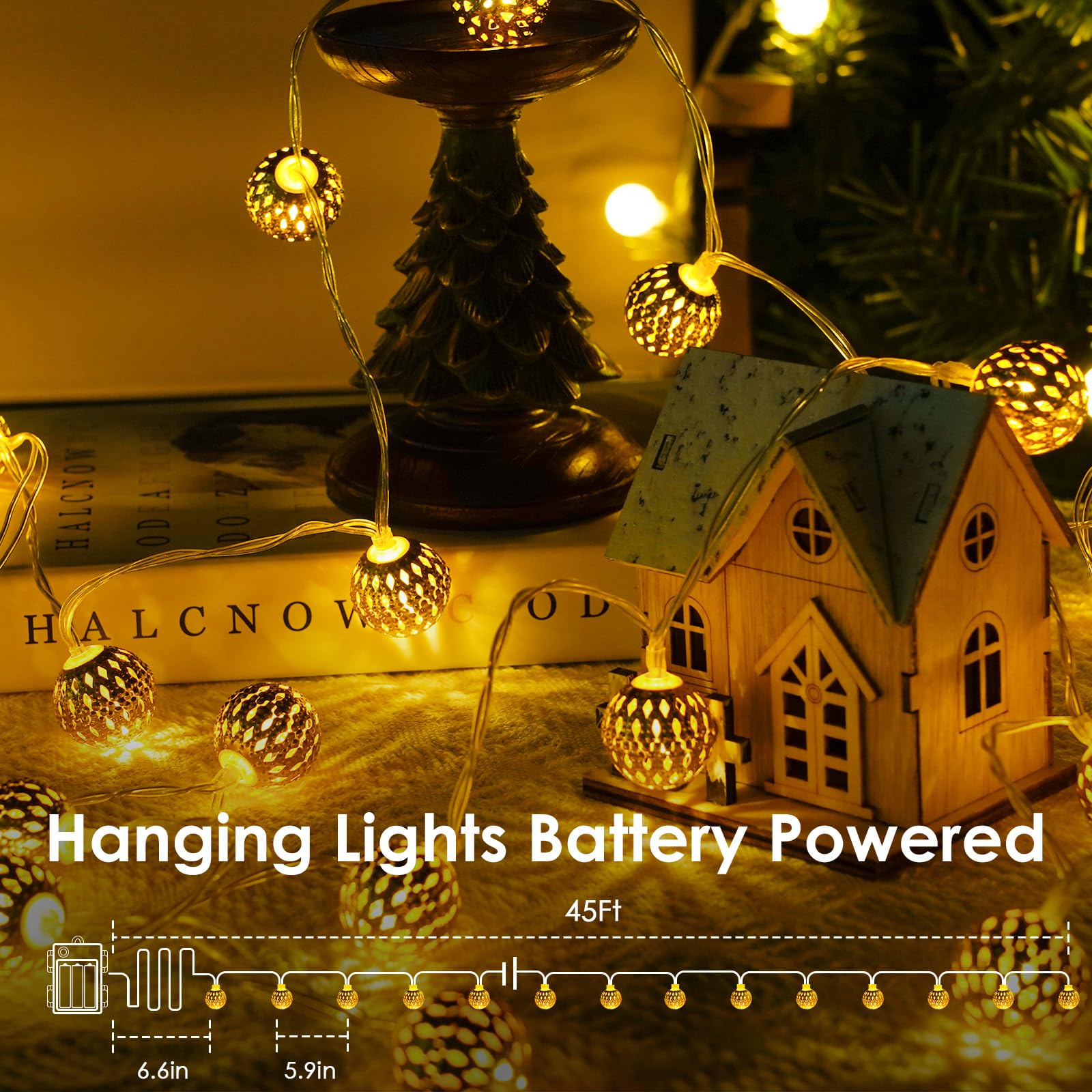 LORRYTE Moroccan Globe Fairy Lights, 60 LED 36 FT, Battery Operated, Warm White, Outdoor String Lights for Christmas, Party, Garden Decor