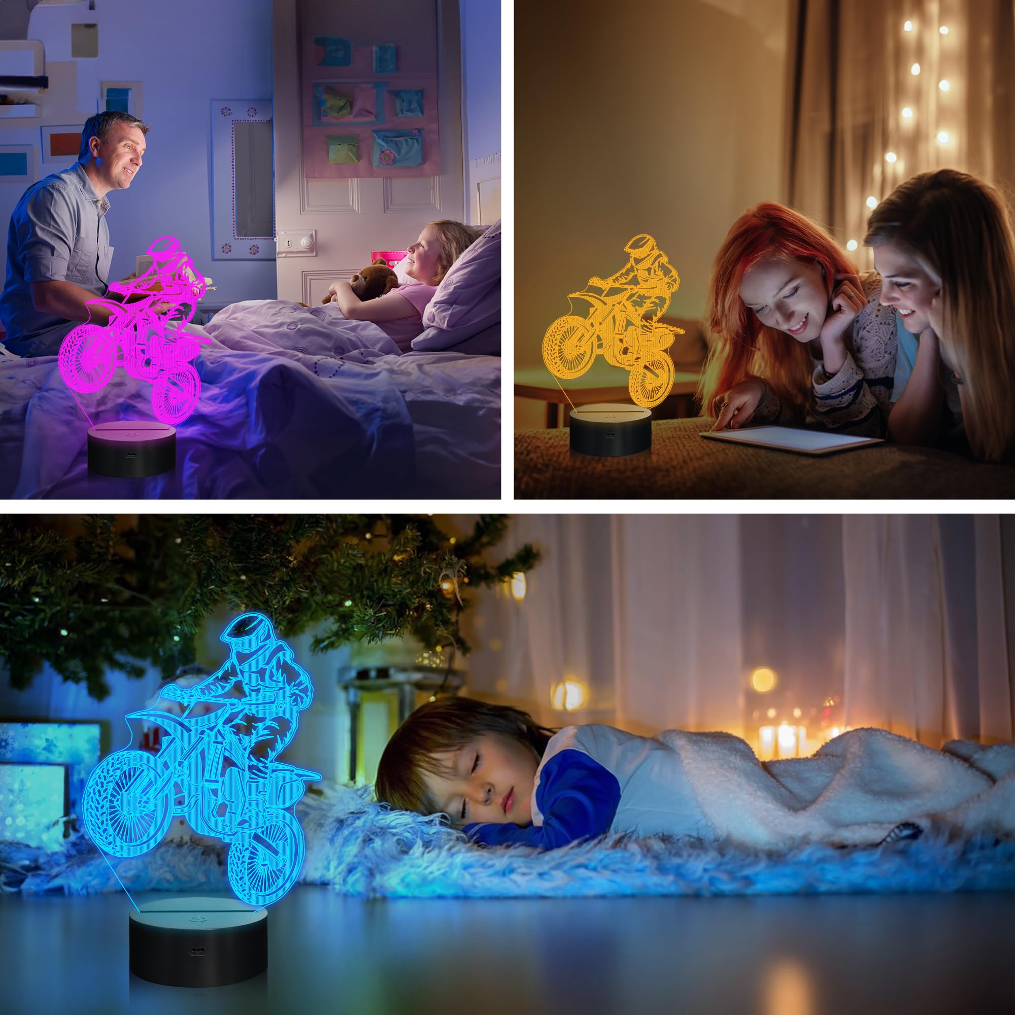 OkiyiD 3D Dirt Bike Night Light with Remote, Touch Control, Acrylic, Color 8, Model FS-2810-9999, Kids Room Decor, Gift for Boys