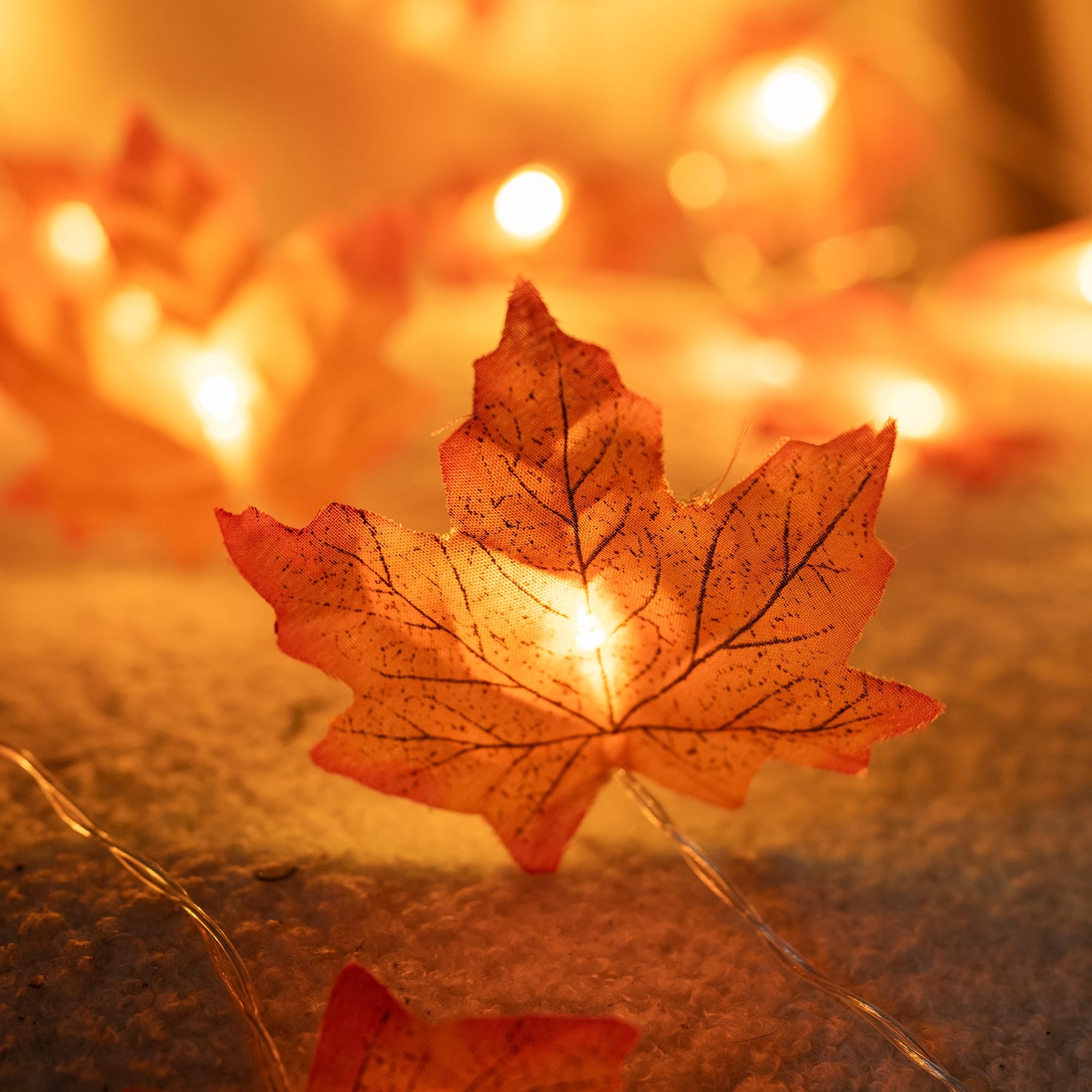 Dazzle Bright Maple Leaf String Lights, 40 LED, 20FT, Battery Operated, 2 Pack, Orange Fall Decorations