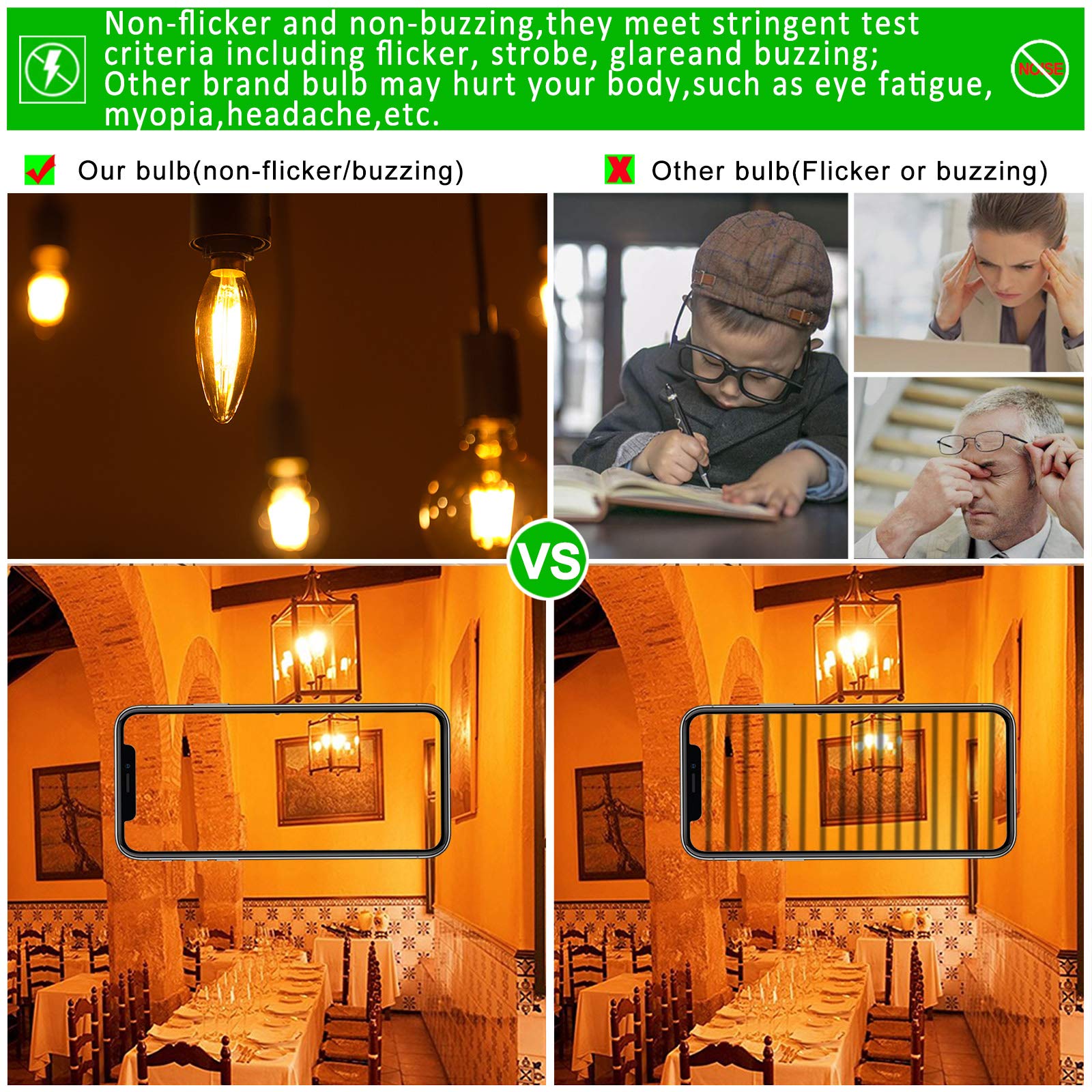 LiteHistory CA10 Dimmable LED Bulb, 4W 2200K Amber Flame Tip, 250lm, 6 Pack, Candelabra E12, Warm White, Glass