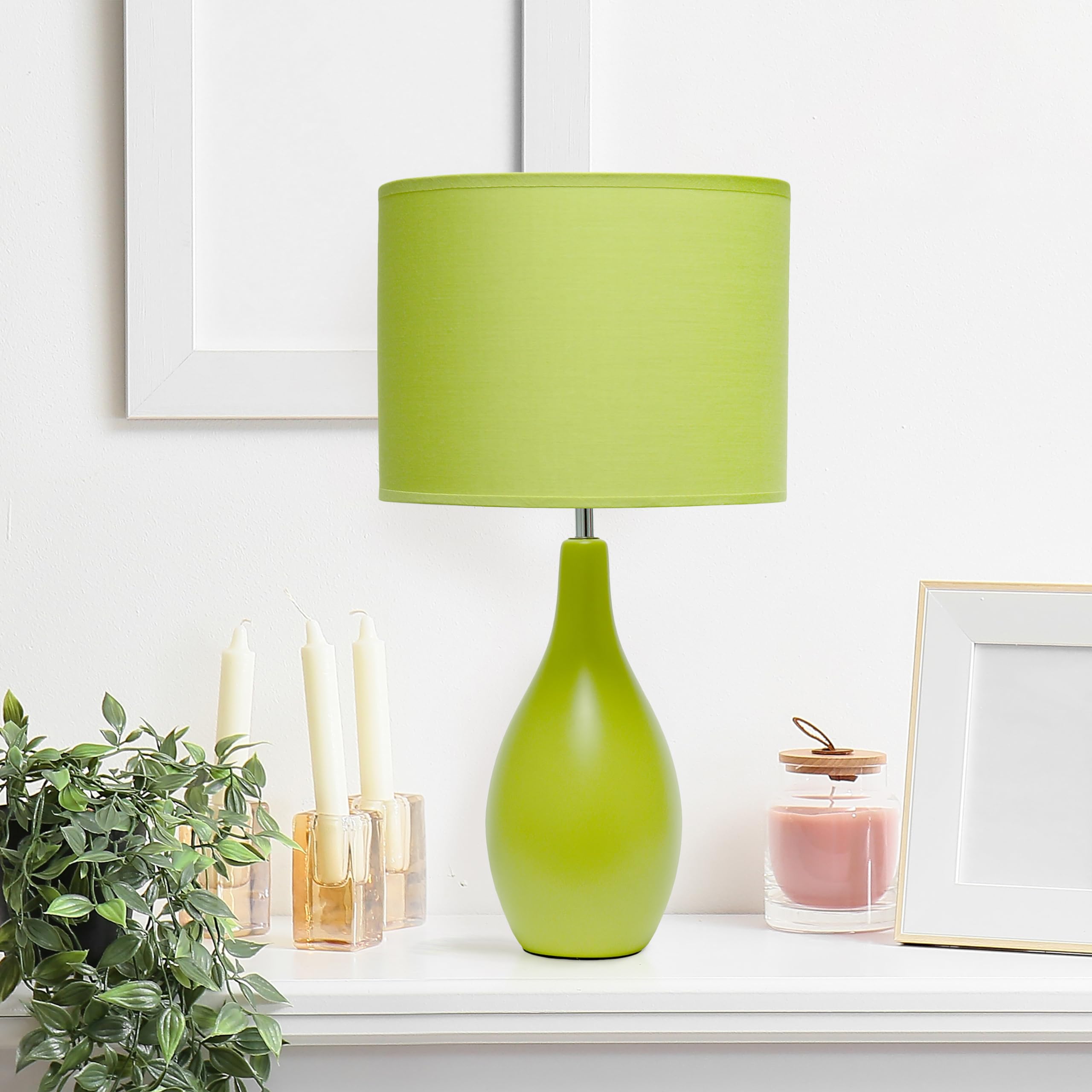 Simple Designs Lt2002-Grn Oval Bowling Pin Base Ceramic Table Desk Lamp With Matching Fabric Shade, Green 9.45 X 9.45 X 18.11