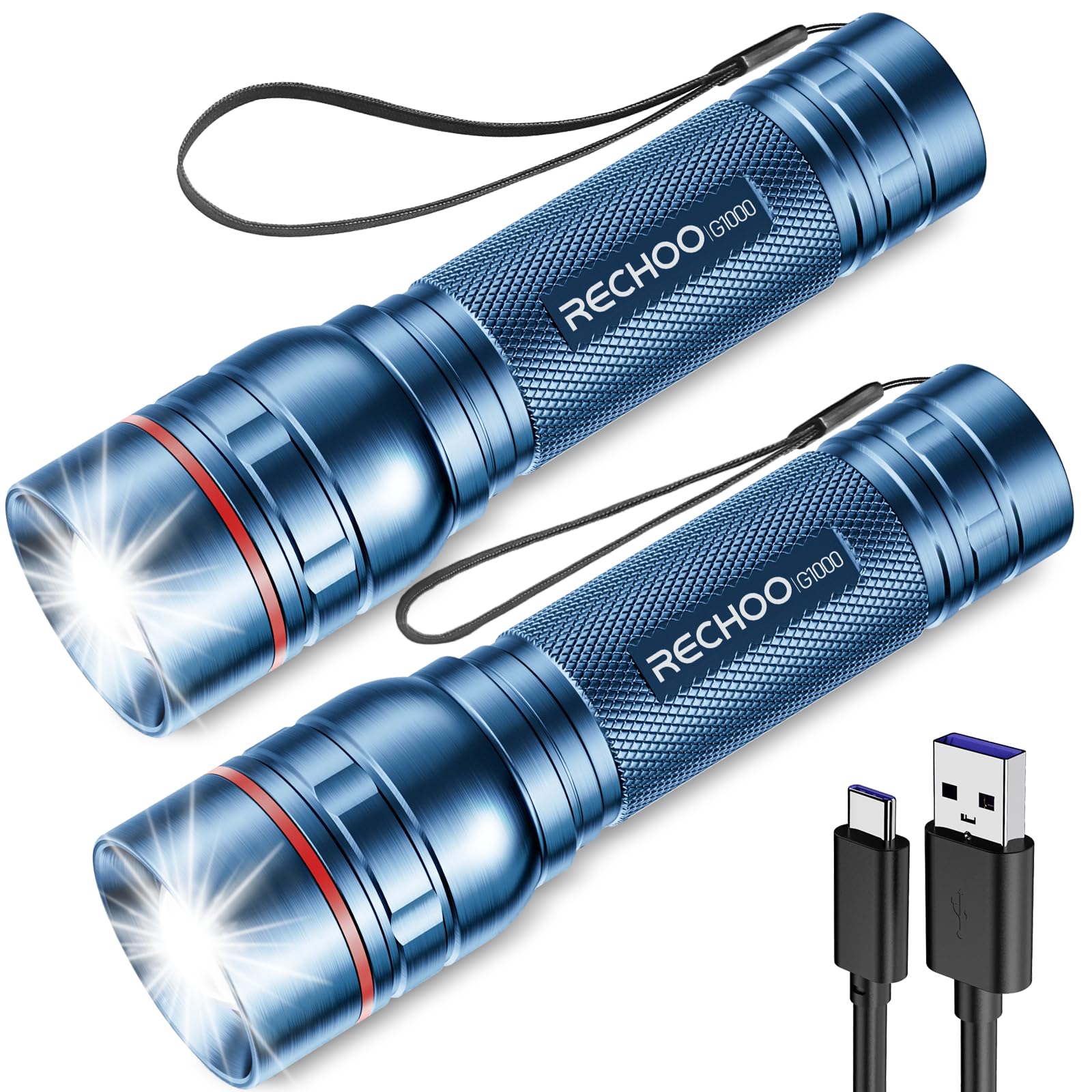 RECHOO Rechargeable Flashlights High Lumens  Super Bright Flash Light 2 Pack  Small Zoomable LED Flashlight with 3 Lighting Modes  Portable Tactical Flashlight for Camping Essentials (Blue)