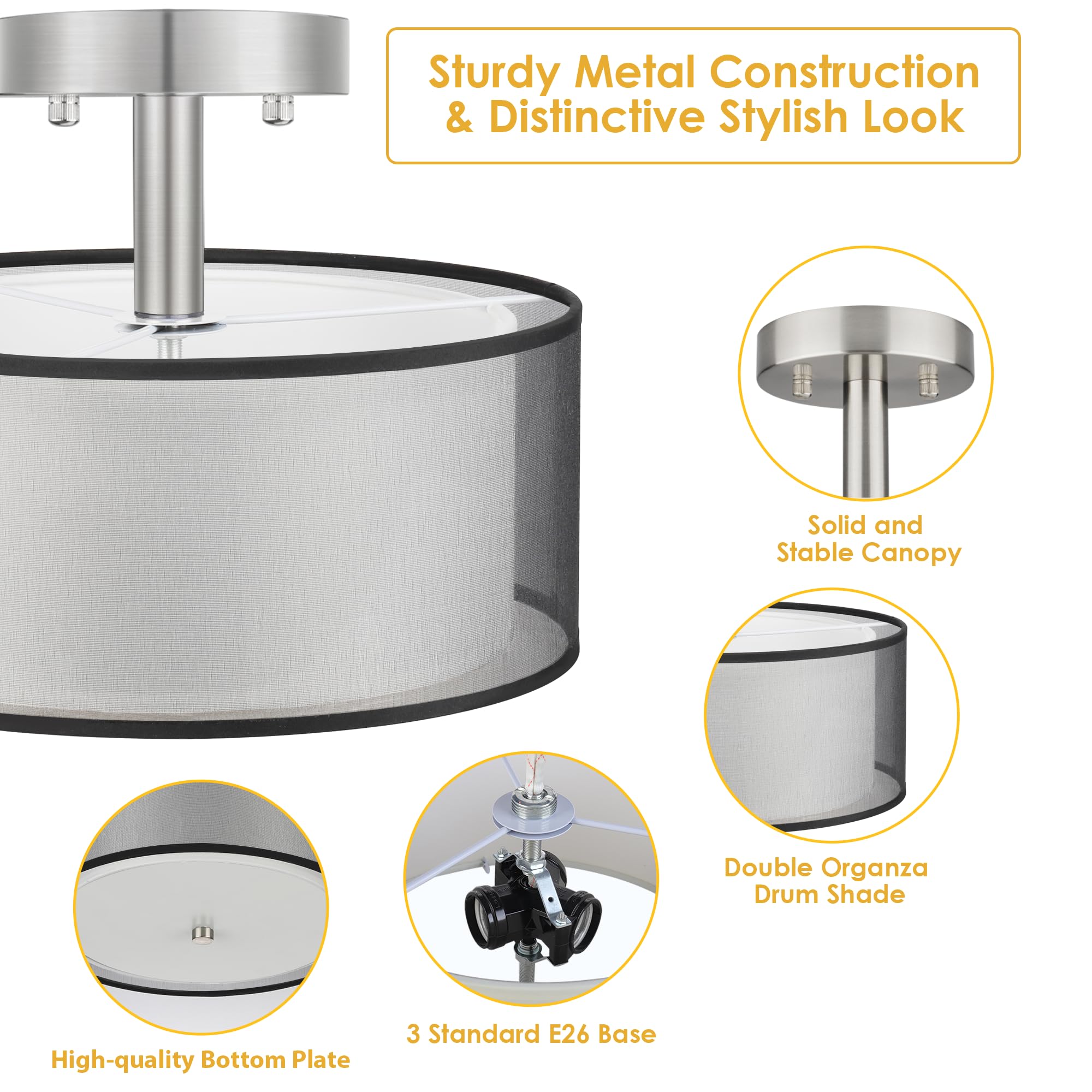 Folksmate Semi Flush Mount Ceiling Light Fixture, 3-Light Drum Light With Double Fabric Shade, Modern Black Close To Ceiling Lig