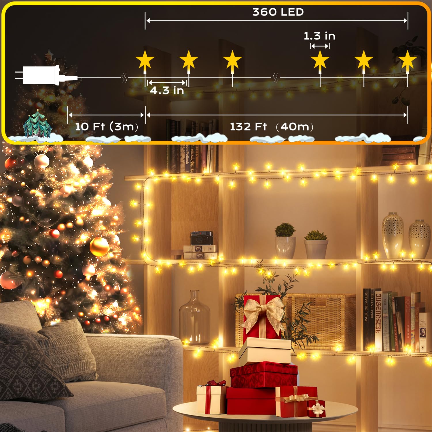 Quhuatu Star String Lights 360 Led 132Ft,8 Modes Plug In Star Fairy Lights With Timer & Memory, Indoor Outdoor Star Christmas Li