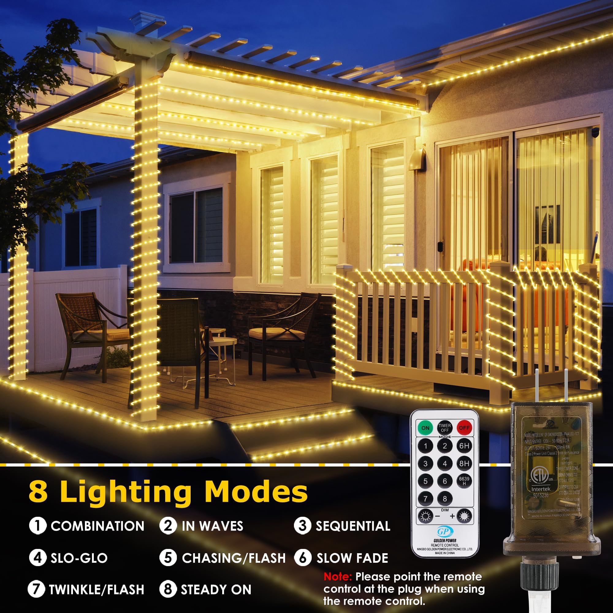 OMIKA 100ft LED Rope Lights, Warm White, 1200 LEDs, Plug-in, Waterproof Decorative Lighting for Outdoor and Indoor Use, Model DY-OA08-20