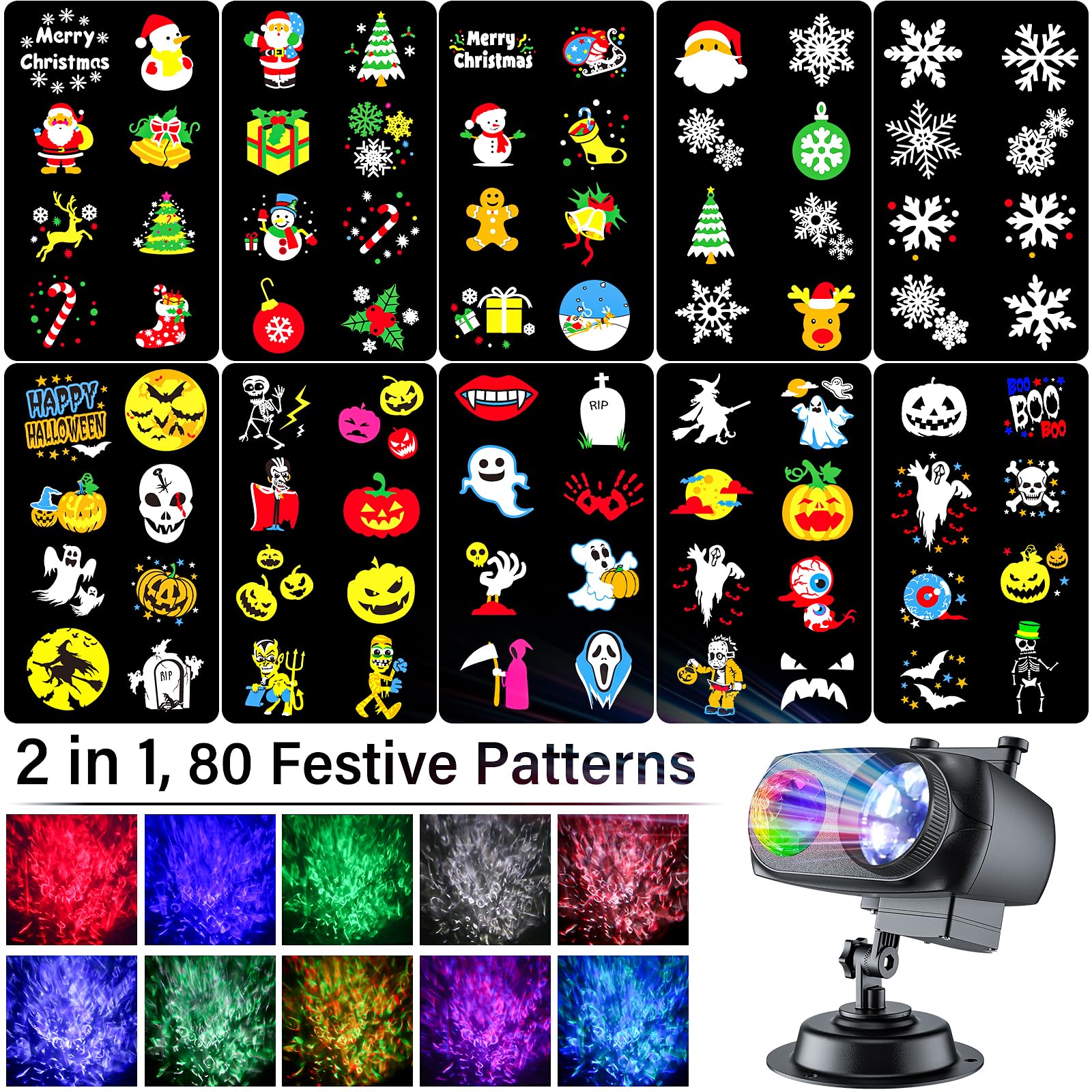 Shedaled Christmas Projector Lights Outdoor 2024 Upgraded, 4/6/8 Theme Patterns Adjustable Holiday Projector, 2 In 1 Led Snowfla