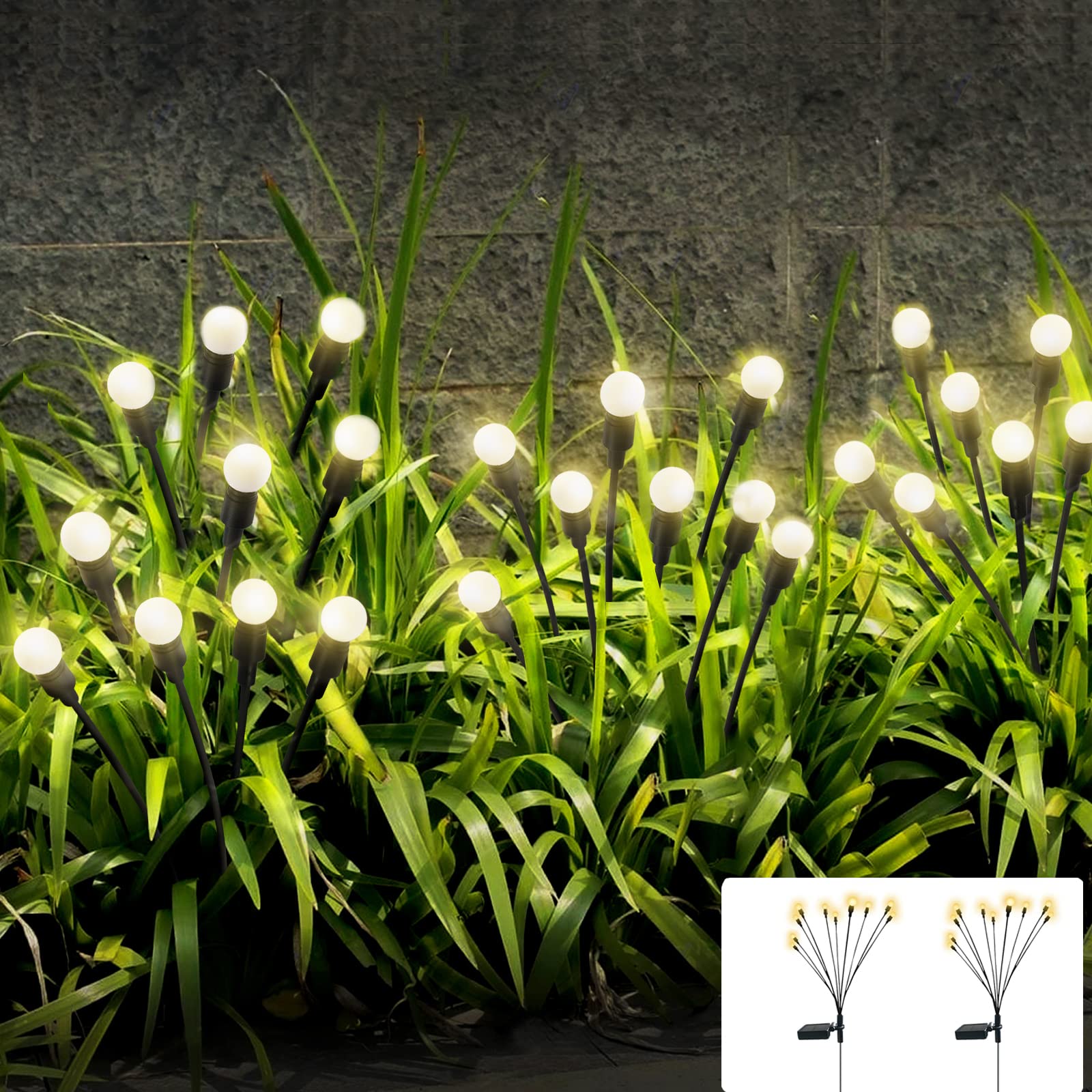 Jurasnow 2Pcs 10 Head Solar Powered Firefly Lights, 10 Led Outdoor Waterproof Solar Starburst Swaying Garden Lights, Swaying Whe