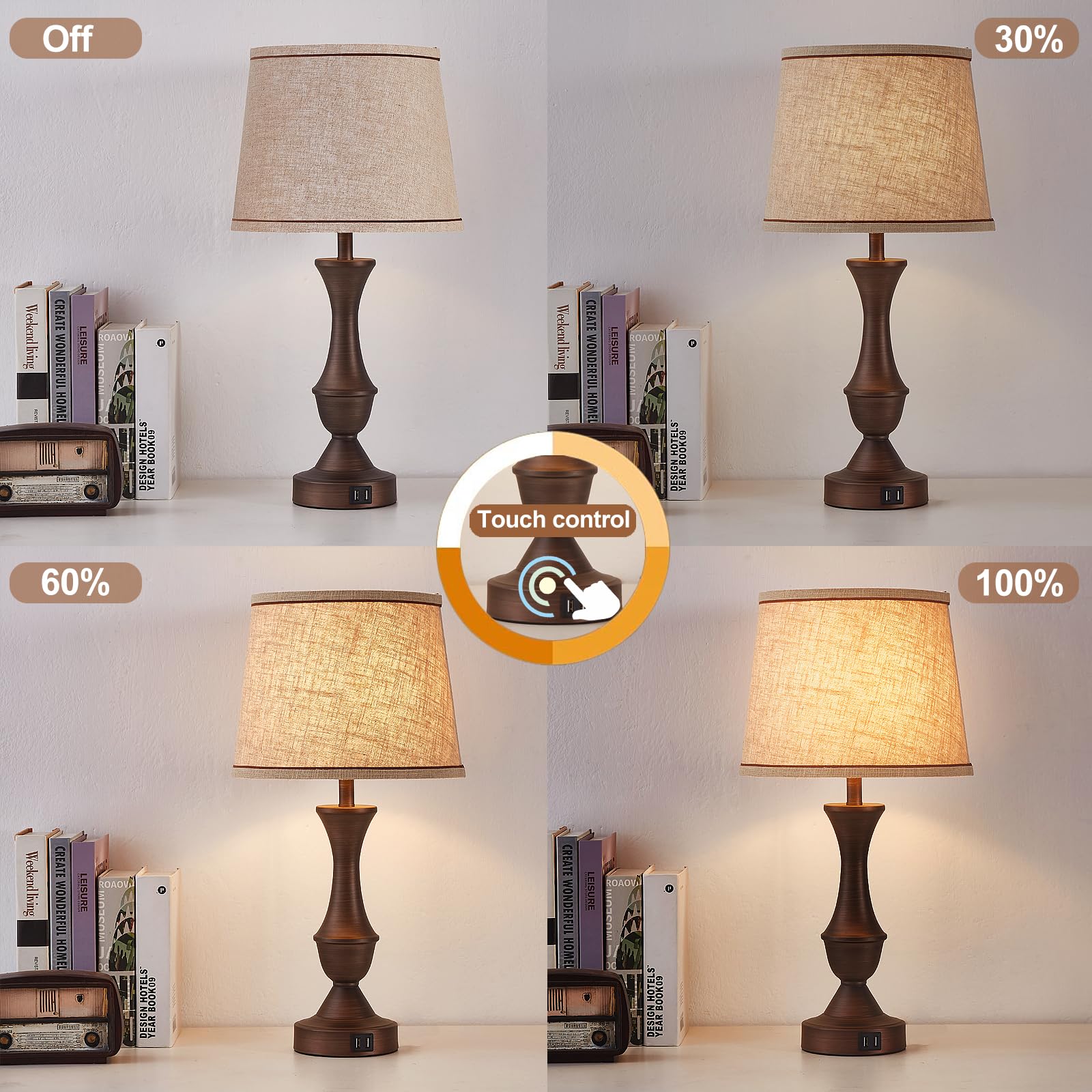 Touch Table Lamps Set Of 2, 22'' Tall Bedside Lamps With Usb C+A Ports, 3-Way Dimmable Table Lamp, Nightstand Lamps For Bedroom,