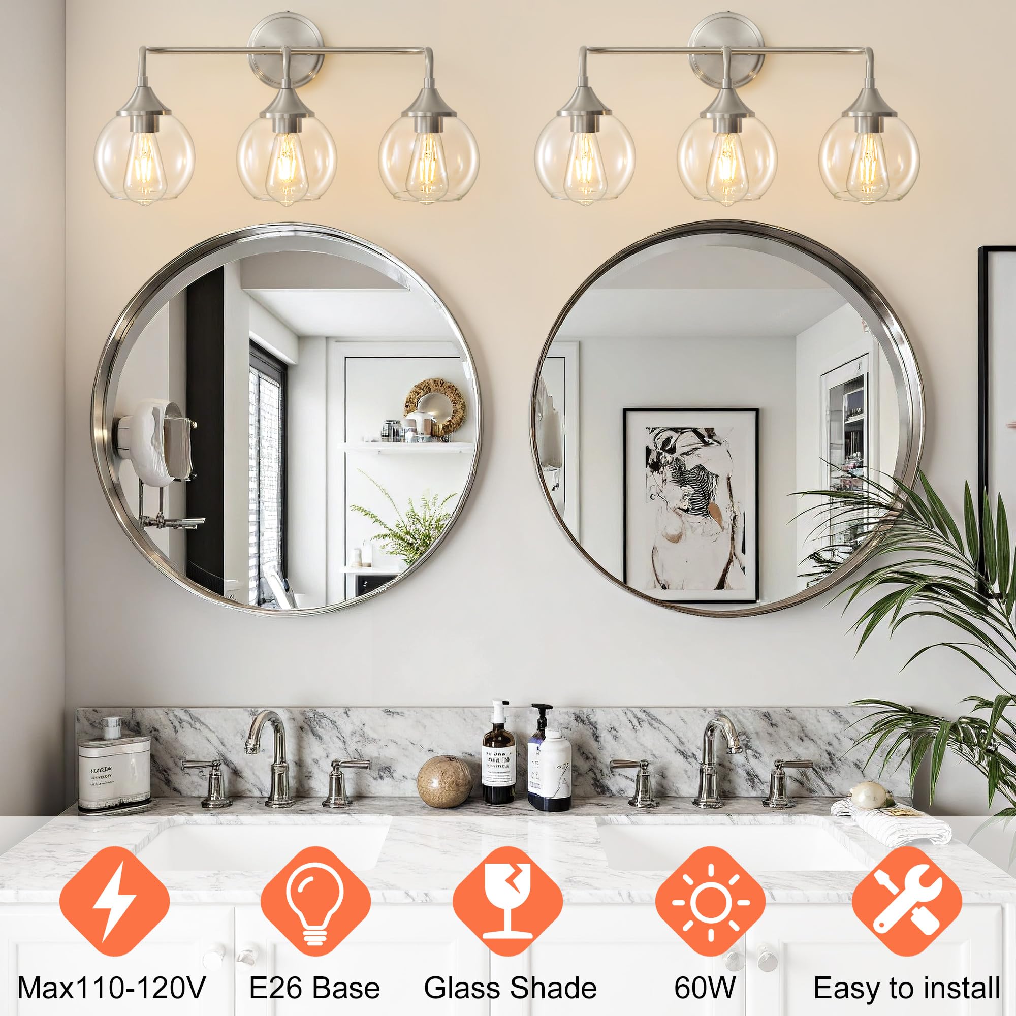 Gednbo Bathroom Light Fixtures 3 Light Bathroom Vanity Light With Clear Glass Shade  22 Inch Vanity Lighting Fixtures Over Mirror  Vanity Lights Fixture (Exclude E26 Bulb) - Brushed Nickel