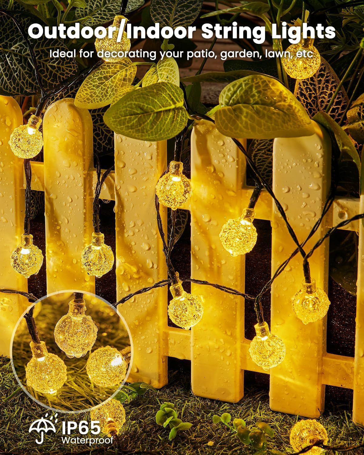 Solar String Lights Outdoor Waterproof  2 Pack 60 Led 36.5 Ft Each  Solar Powered Patio Lights With 8 Lighting Modes For Garden Yard Porch Wedding Party Decor (Warm White)