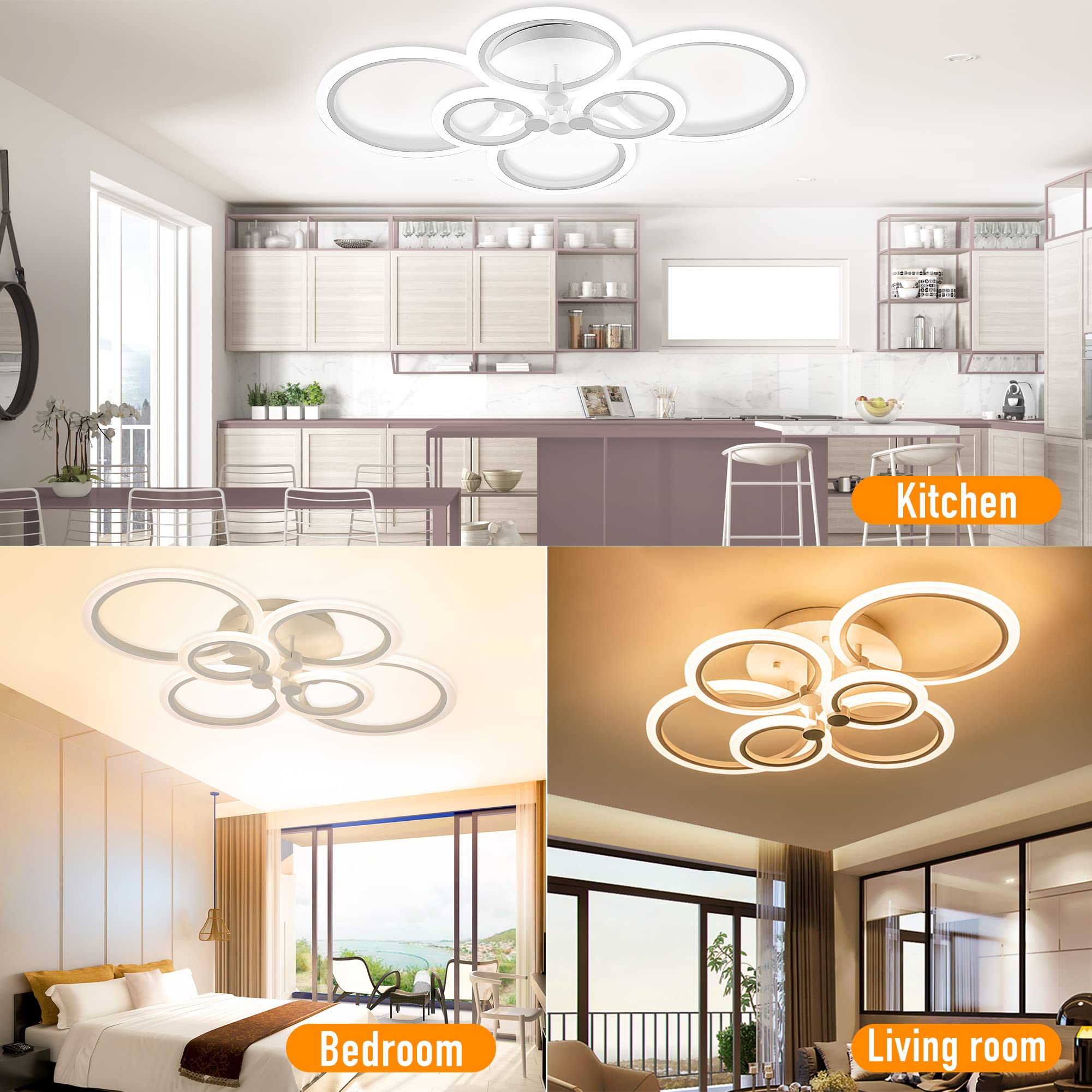 Sjv Modern Ceiling Lights- Dimmable Led Ceiling Lamps 31.4" Flush Mount Led Chandelier Lighting Fixture White 6 Rings Light For Living Kitchen Dining Room, Bedroom 3000/4000/6500K With Remote